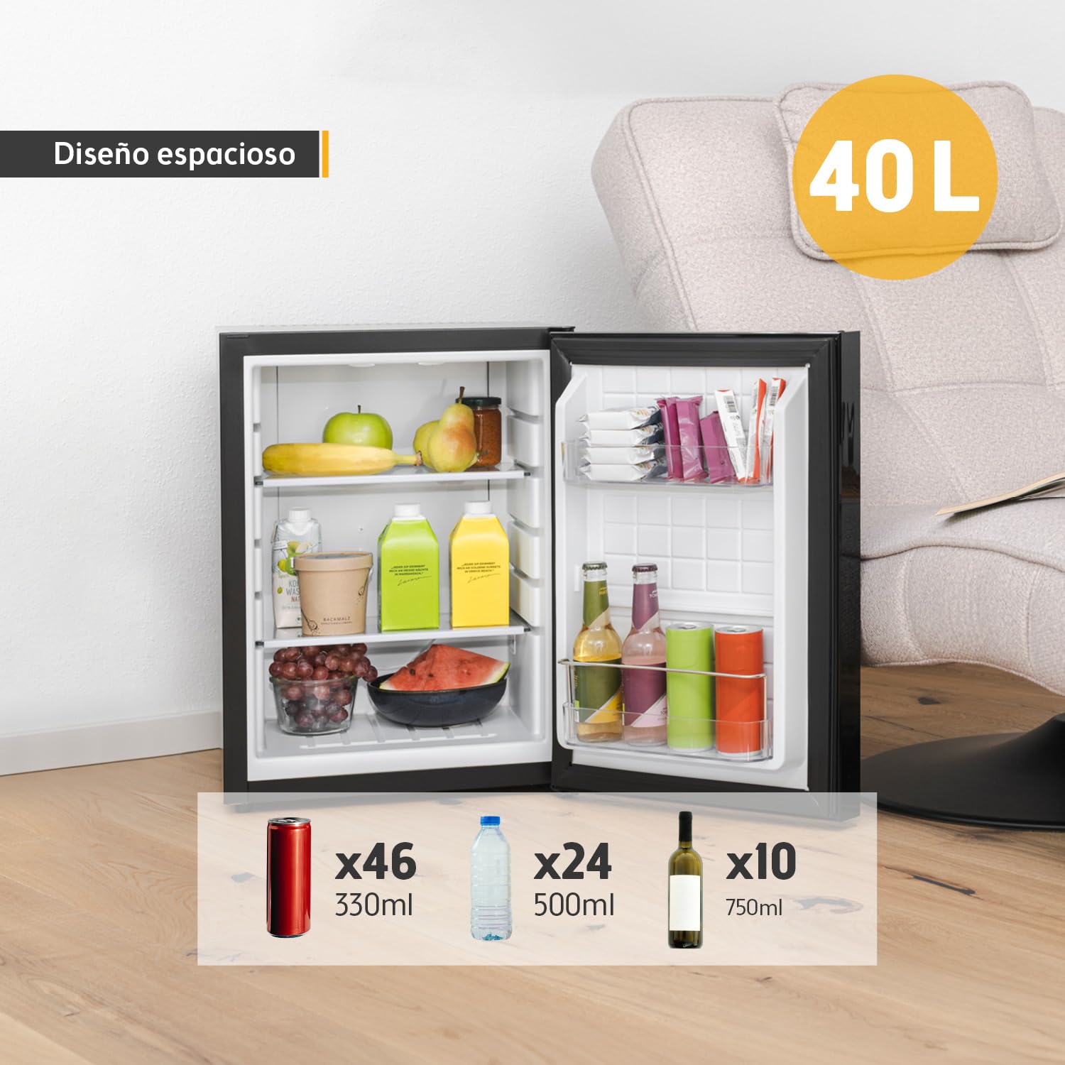 TZS First Austria - Mini Bar - Mini Frigorífico 40L Silencioso con Cerradura y Puerta Reversible - Nevera con Iluminación Interior para Camping, Oficina, Dormitorio y Hotel - Negro Mate