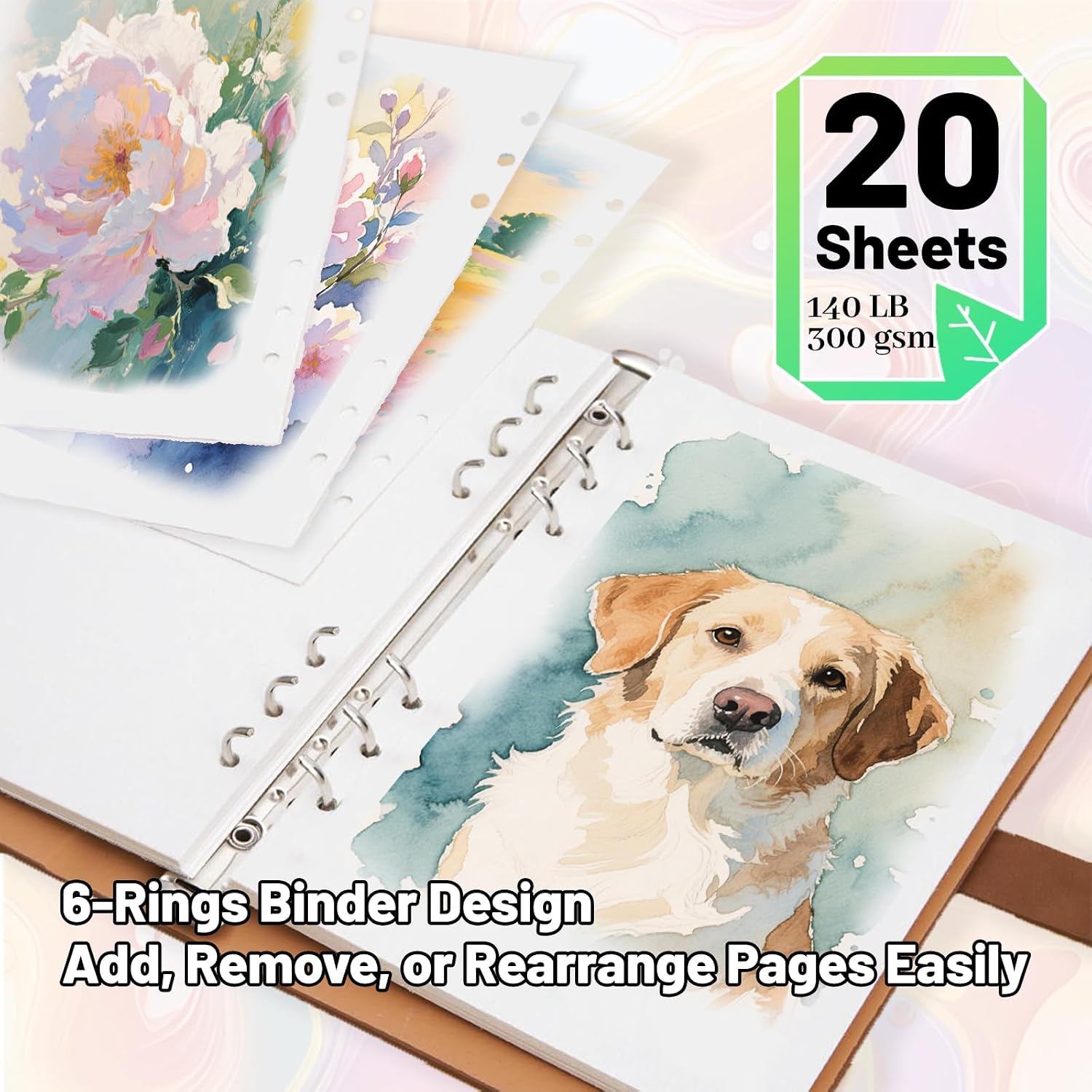 Professional Watercolor Sketchbook with 6-Ring Binder, 20 Sheets 300GSM/140lb 100% Cotton Acid-Free Cold Press Paper, 9.25" x 6.3" Textured Art Journal for Artists, Students & Adults (Blue)