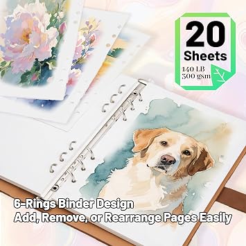 Professional Watercolor Sketchbook with 6-Ring Binder, 20 Sheets 300GSM/140lb 100% Cotton Acid-Free Cold Press Paper, 9.25 x 6.3 Textured Art Journal for Artists, Students & Adults (Black)