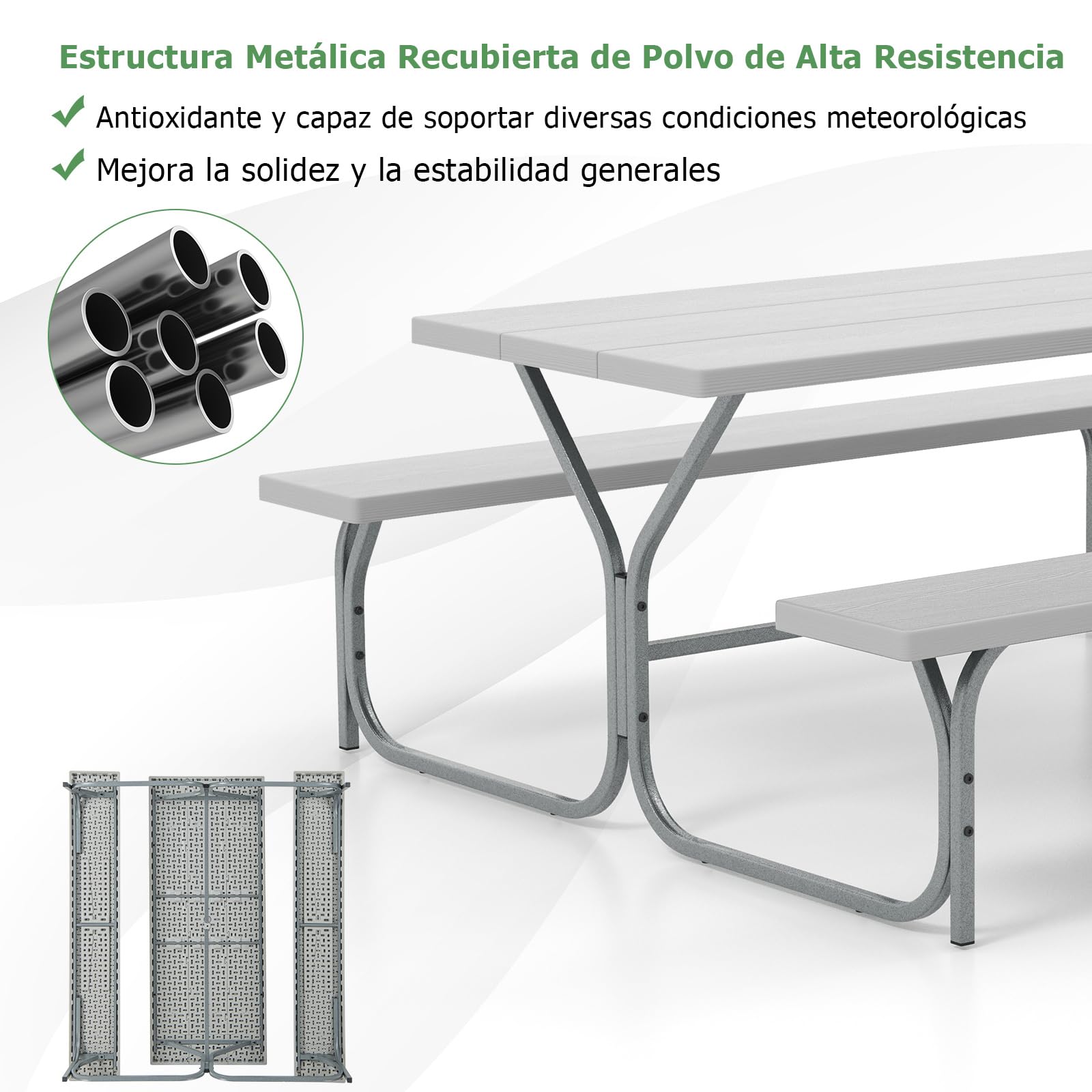 COSTWAY Conjunto Mesa y Banco de Picnic de 8 Personas, 2 Bancos con Marco de Metal y Mesa de HDPE, Mesa y Sillas Camping, Orificio para Sombrilla, 183 x 161 x 76 cm (Gris)