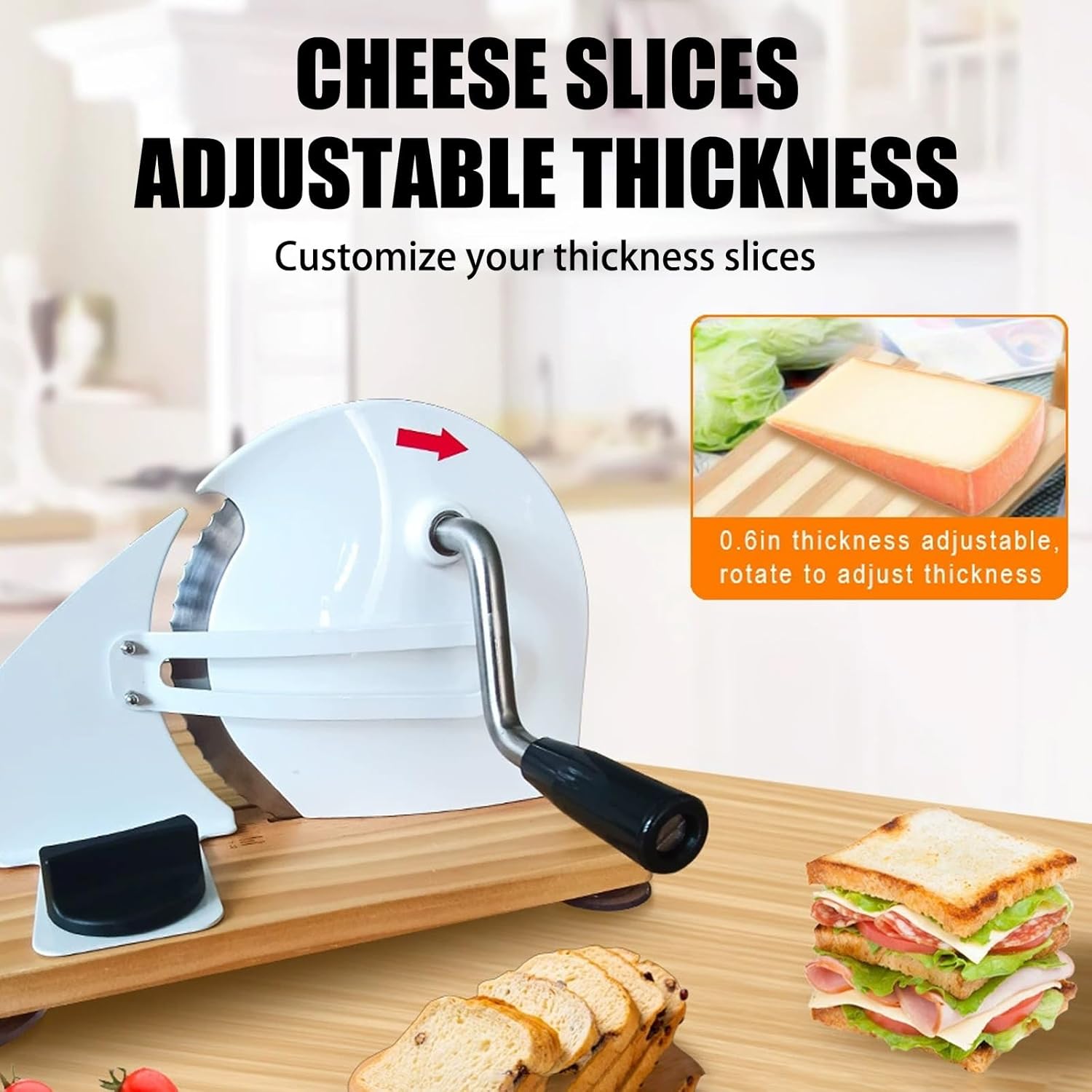 Manual Bread Slicer, Versatile Hand Crank, Super Strong Suction Cup Fixation, Hand Crank Home Bread Slicer with Scale Line and Steel Fence for Homemade & Commercial Use(White large suction cup)