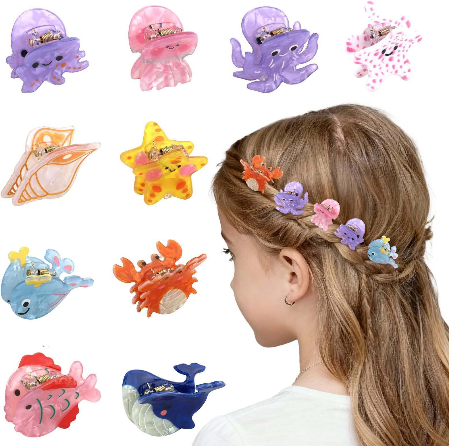10 Pcs Ocean Animal Mini Hair Clips for Girls - Cute Octopus Starfish Crab Claw Clips, Personality Hair Claw for Kids Daily Styling & Beach Party