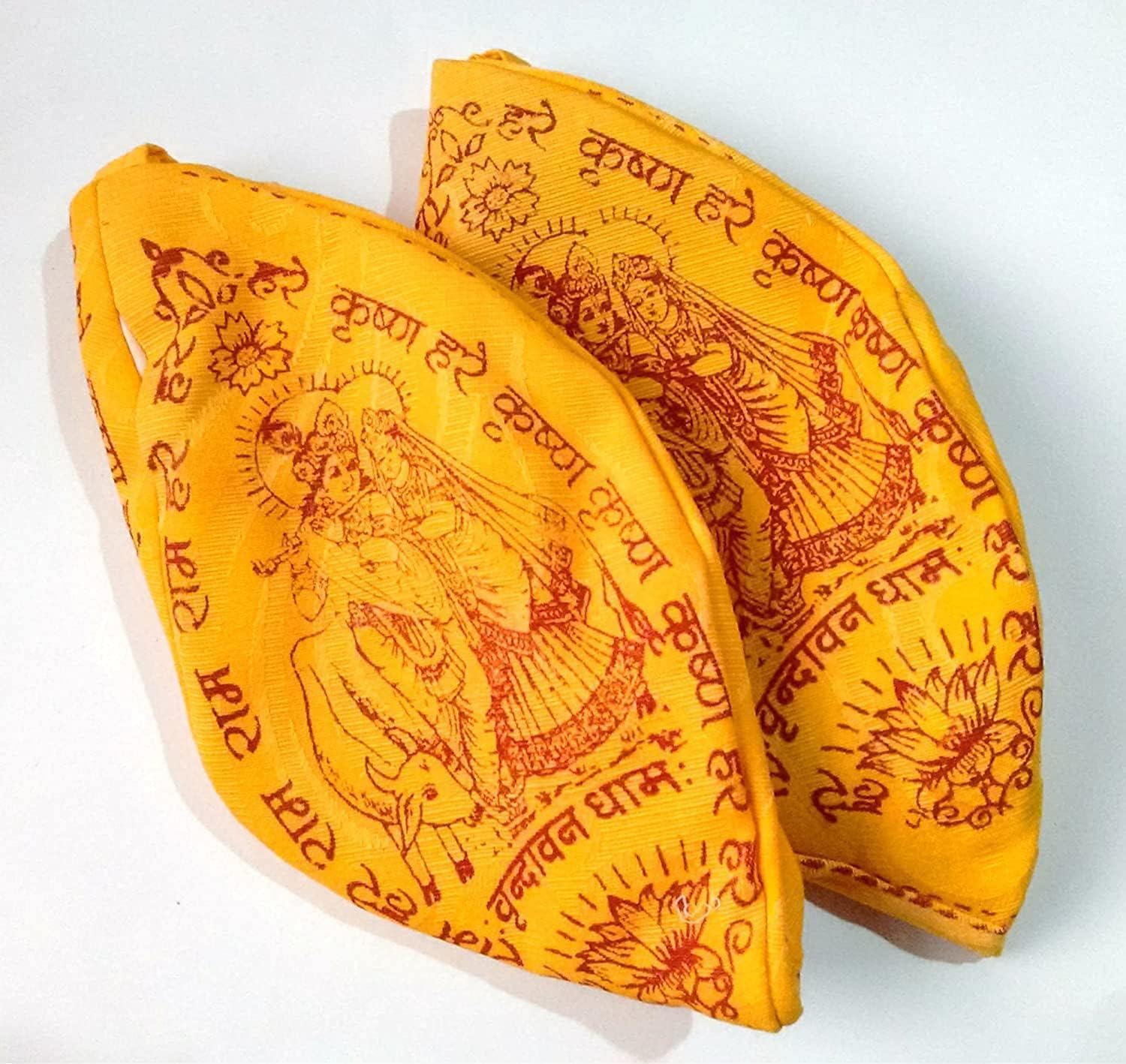 Cotton Gomukhi Mala Bag Yellow Hindu Prayer Bead Holder Radha Krishna Design Chanting Bag for Meditation and Daily Spiritual Practice. Pack of 2