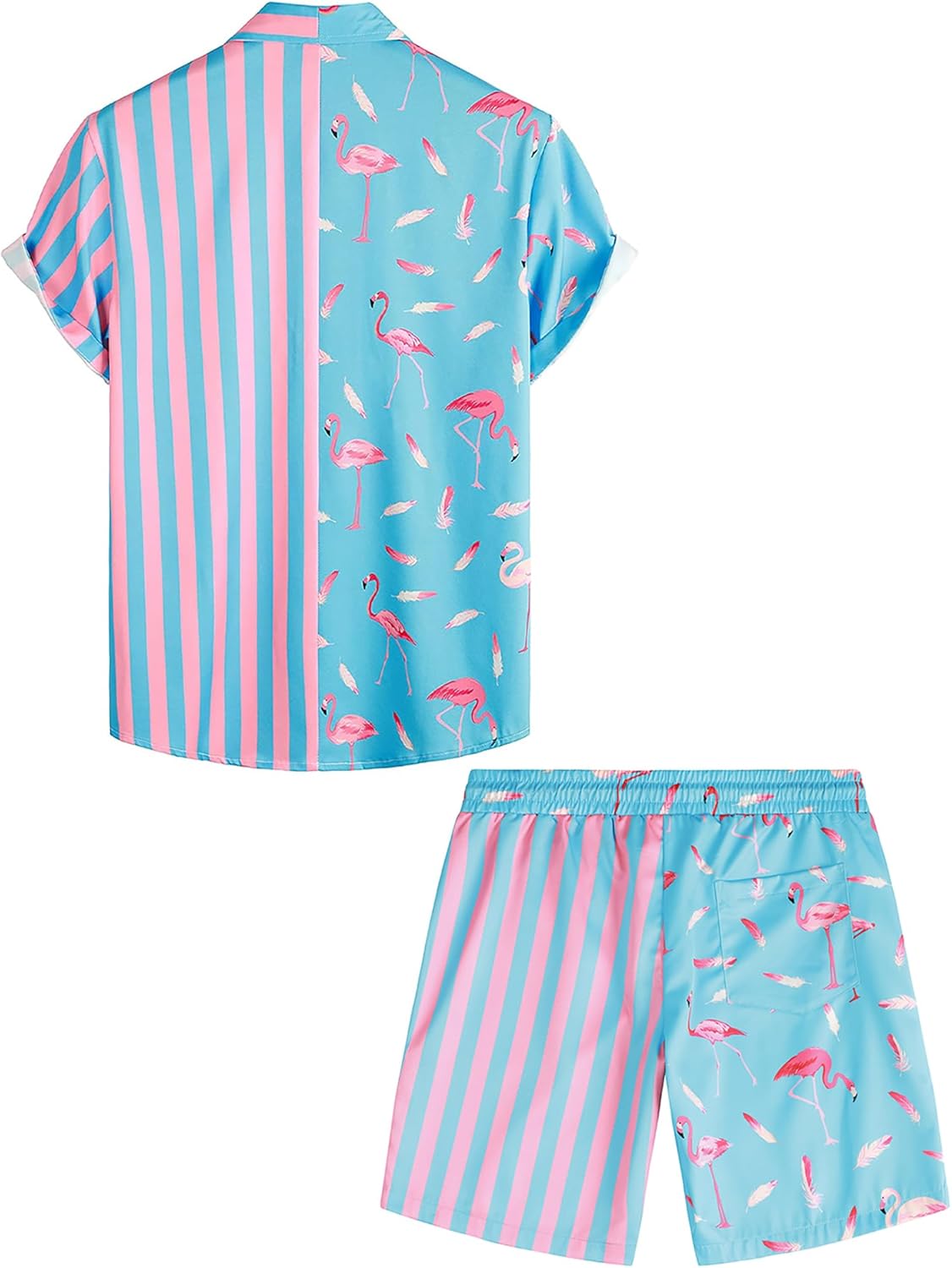 VATPAVE Mens Flamingo Hawaiian Sets Casual Short Sleeve Button Down Shirts Beach Outfits - Image 2