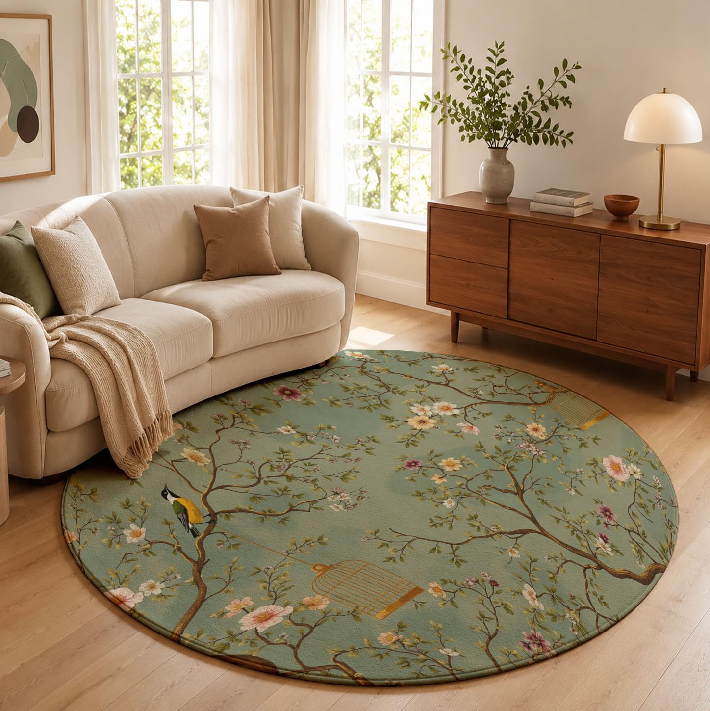 Tappeto Rotondo Stile retrò cinese per Camera da Letto | Tappeto Circolare Uccelli e gabbie per fiori Lavabile per Pelo Corto, Antiscivolo, Morbido, Soggiorno, Camera da Letto 120cm