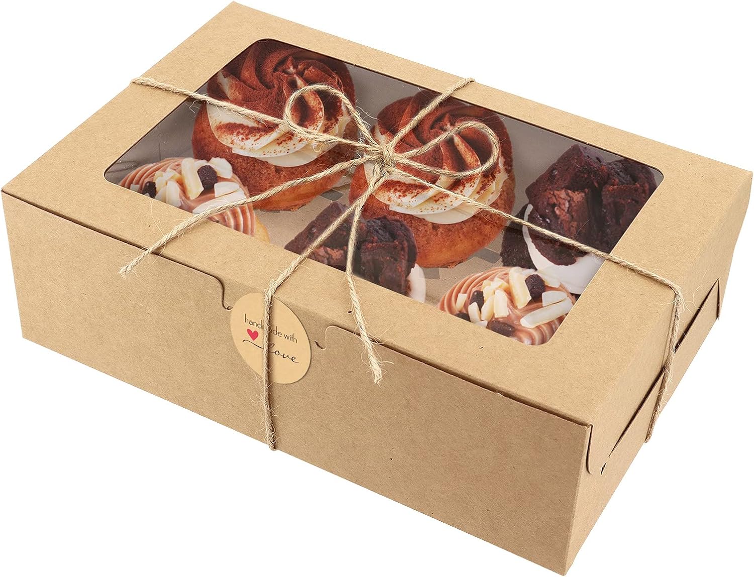 10 Pack Kraft Paper Cupcake Boxes with Window and Inserts, Brown Bakery Boxes Cookie Cake Boxes