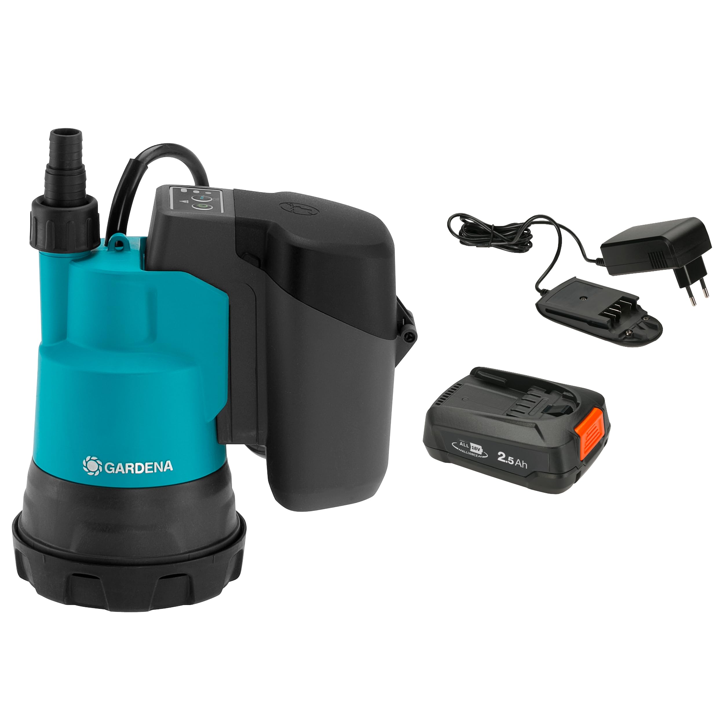 Gardena Bomba sumergible de agua limpia con batería 2000/2 18V P4A Set listo para usar: Alto caudal y presión, Niveles de potencia regulables, Filtro integrado (14600-20)
