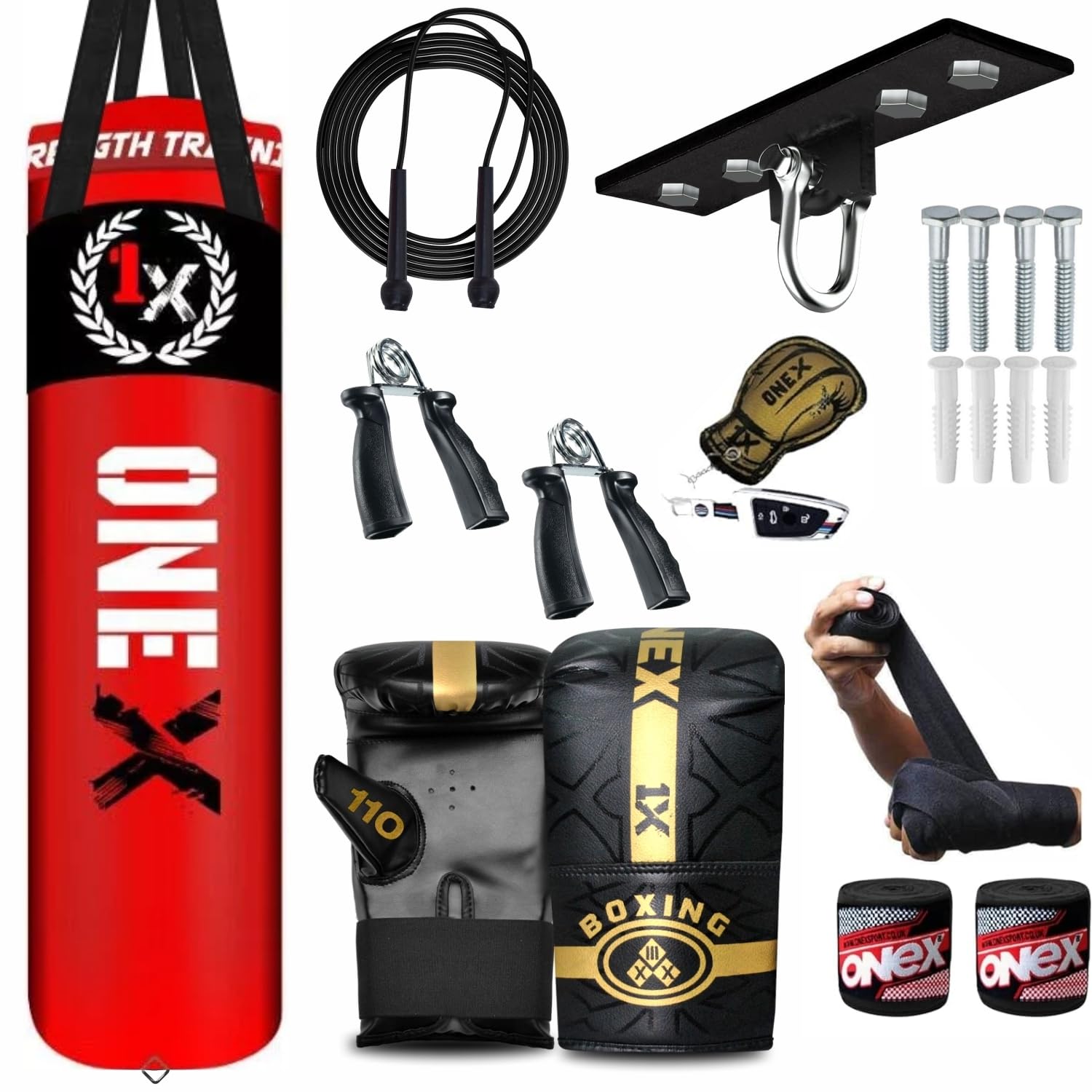 Onex Red series 4-5 FT Filled Heavy Punch Bag Set,Chains,Bracket, Punching Gloves Mitts for Training Fitness Water proof Bag MMA (5ft Red +Ceiling Hook)
