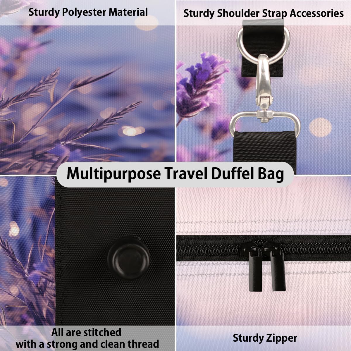 Beautiful Lavender Travel Duffel Bag for Women Men Large Capacity Overnight Weekender Bags for Lightweight Waterproof Sport Gym Bag for Workout Yoga Swim