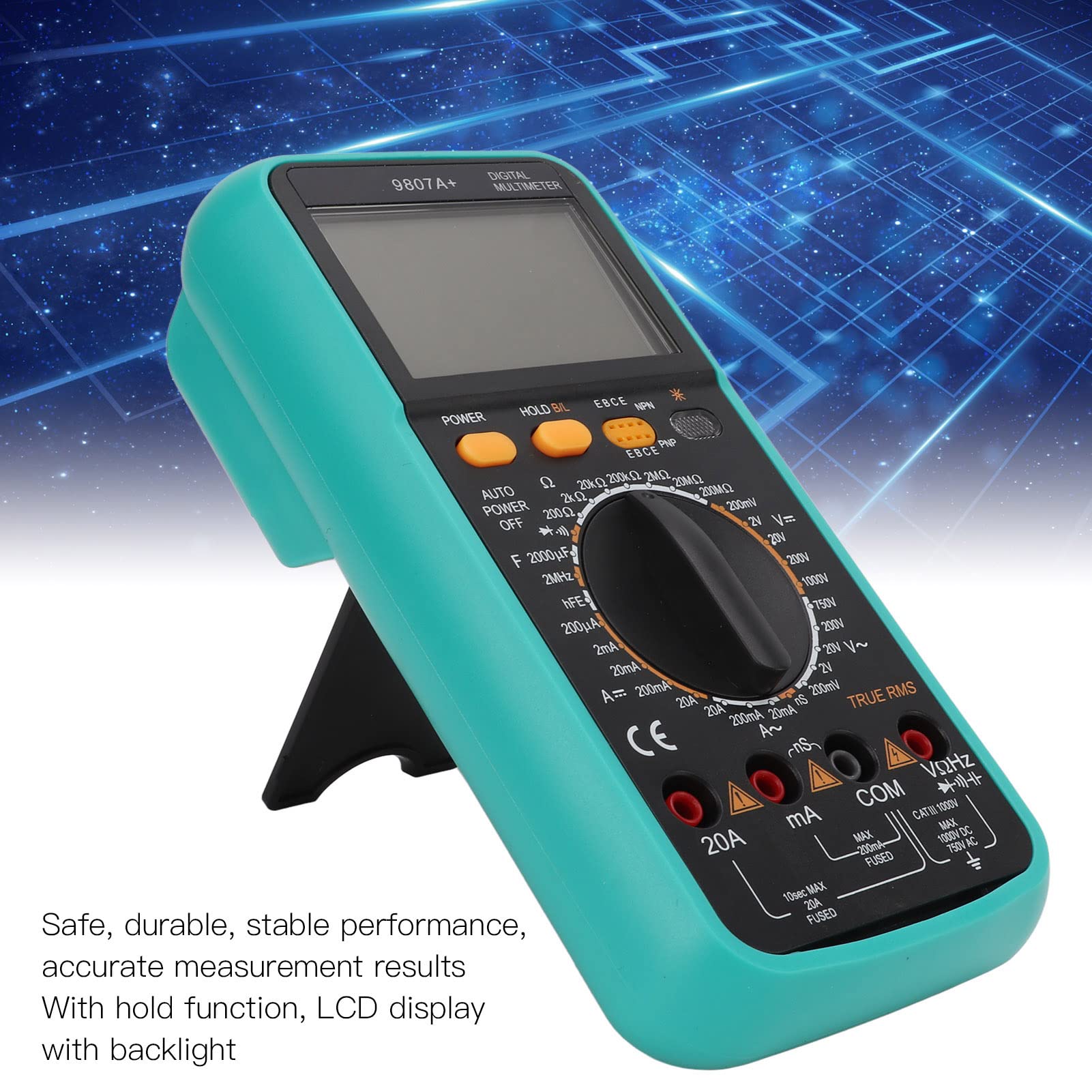 9807A - Multímetro digital portátil con alarma sonora, voltaje y corriente para electricistas, pantalla LCD retroiluminada, material ABS para reparación de automóviles