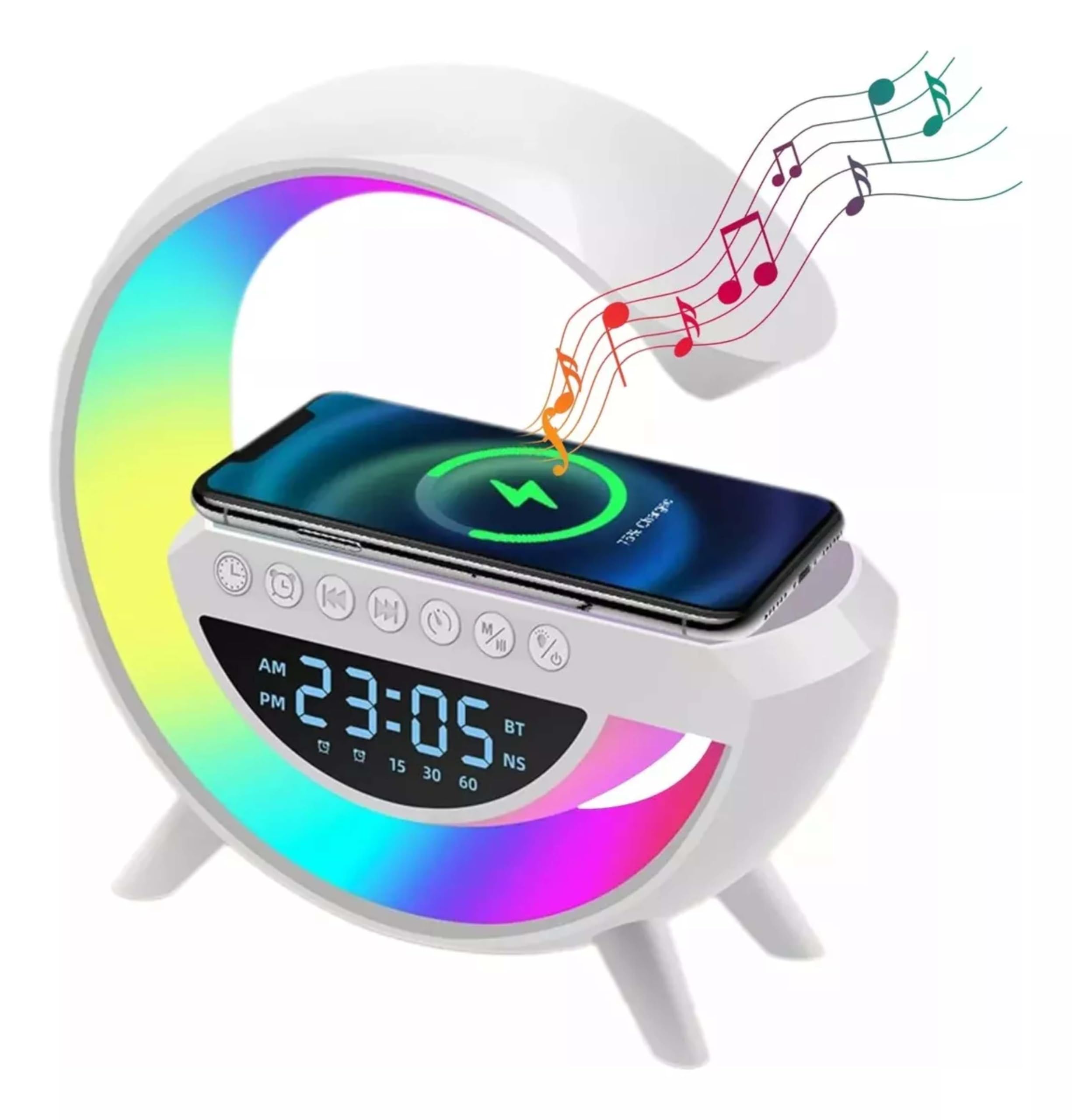 Altavoz Inteligente Sandalfon con Cargador Teléfono Inalámbrica, Bluetooth, Reloj Despertador con Luz, Lampara de Mesa LED Sincronización de Música 5 in 1, Dormitorio, Habitación, Oficina , Regalos