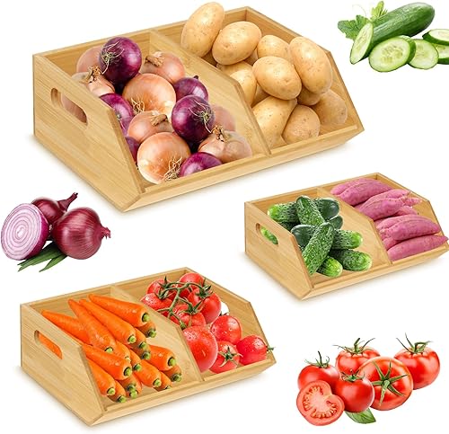 Barydat 3 piezas de almacenamiento de cebolla y papa, organizador de despensa de bambú, ideal para despensa, organizadores apilables de despensa y
