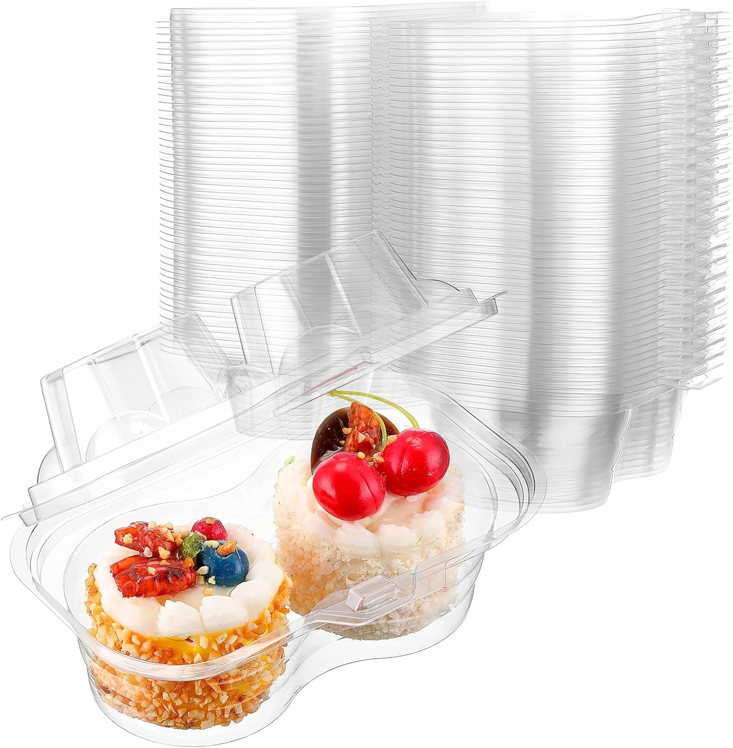 Cupcake Containers, Disposable 2 Compartment Plastic Deep Cupcake Carrier Holder Box with Lids Stackable Clear Cupcake Container for Muffin Pies Weddings Valentine's Day Birthday Party (50 Pcs)
