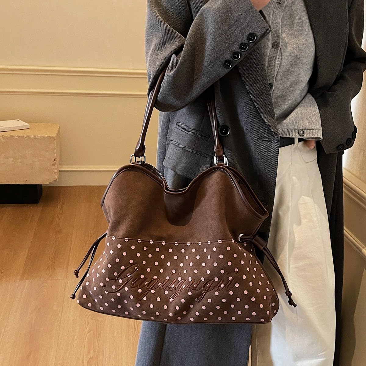 Lushandy Polka Dot Tote Bag, Brown Suede Leopard Tote Purse with Star keychain Lightweight dimsum bag Carry All Hobo Handbag - Image 9