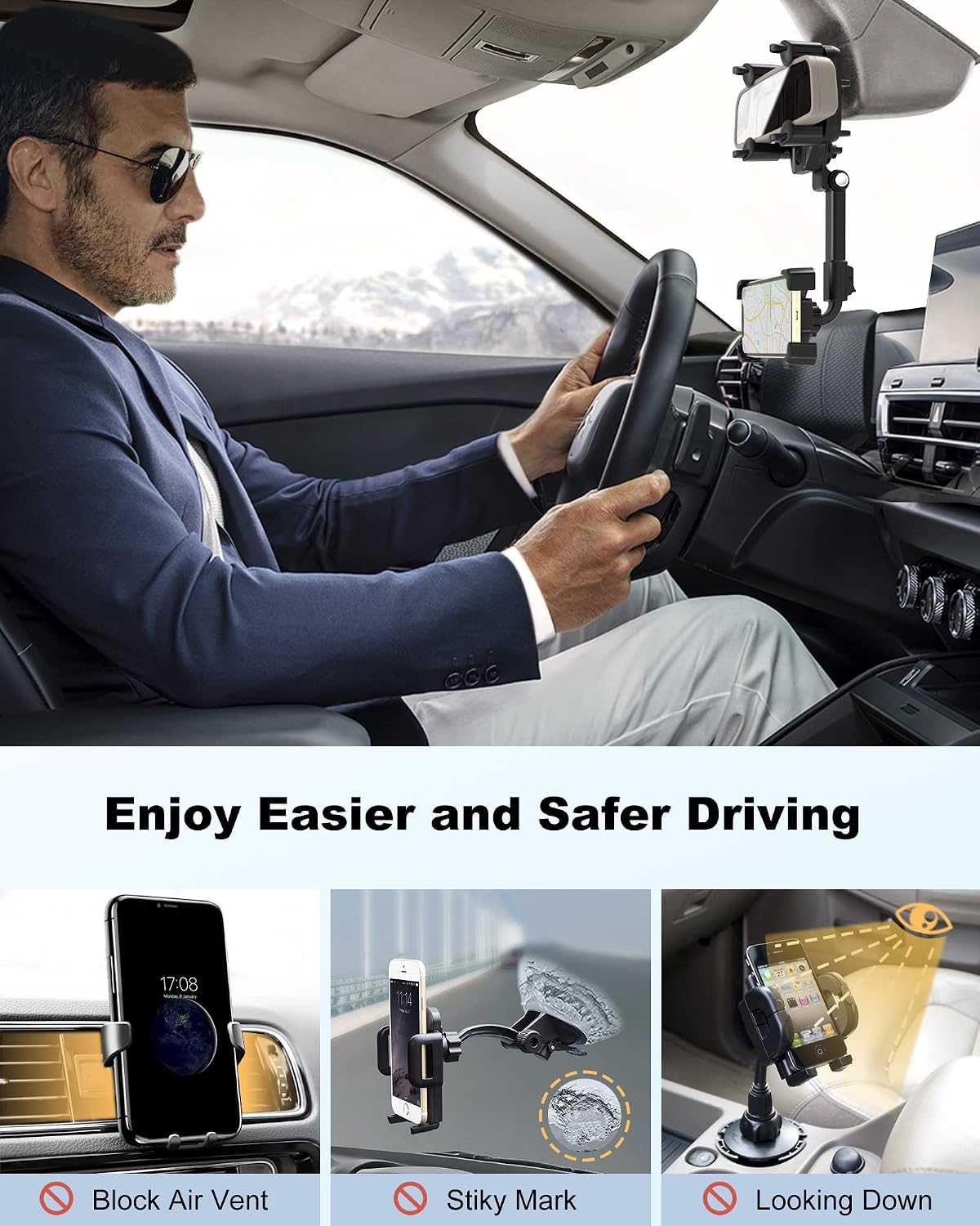 OFY Phone Mount for Car, [2023 Upgraded 4 Clip Never Fall] Rear View Mirror Phone Holder, 360 Rotatable and Retractable Car Phone Holder for Most Mobile Phones & Vehicles