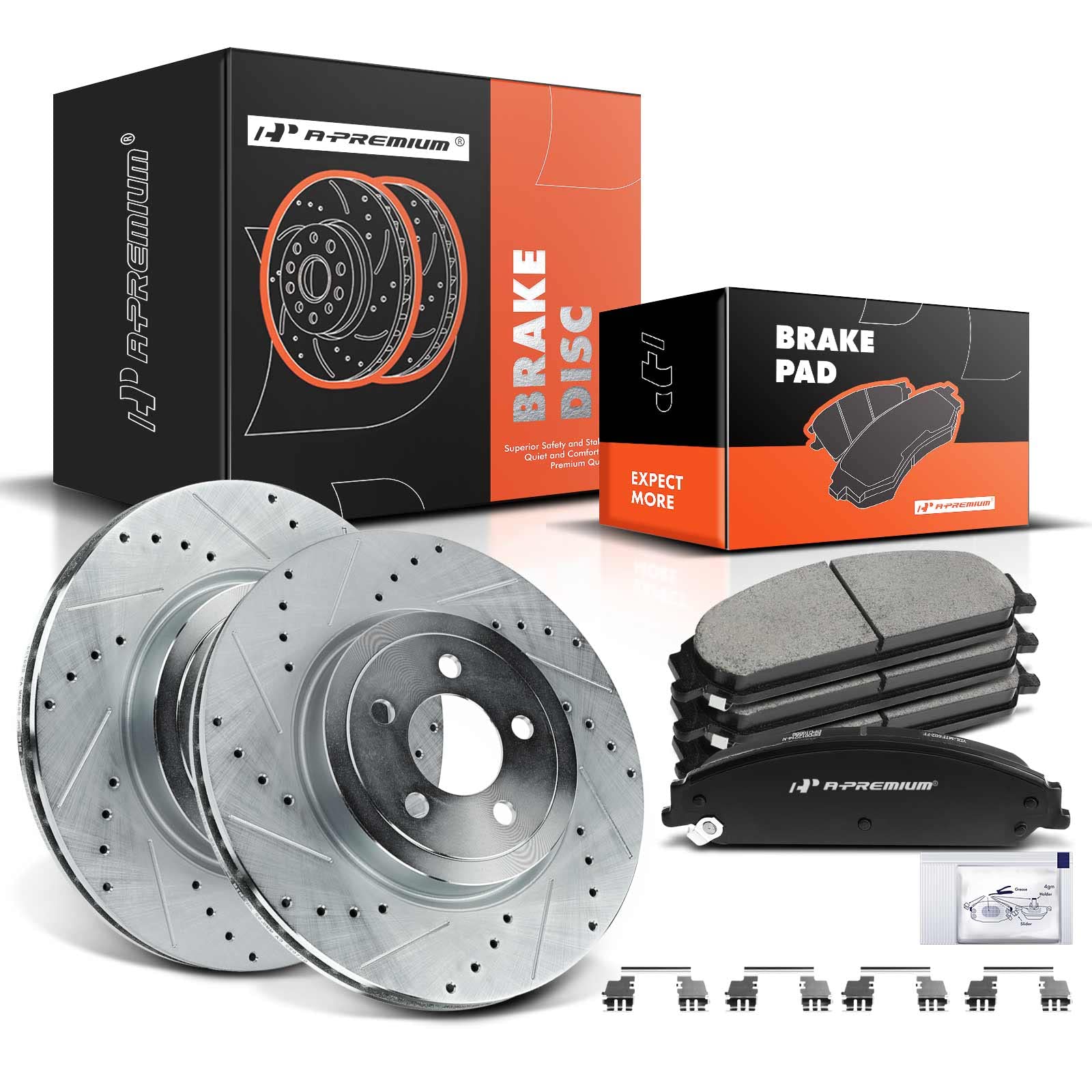 A-Premium 13.58 in (345 mm) Front Drilled and Slotted Disc Brake Rotors + Ceramic Pads Kit Compatible with Select Chrysler and Dodge Models - 300, Challenger, Charger, Magnum, 6-PC Set