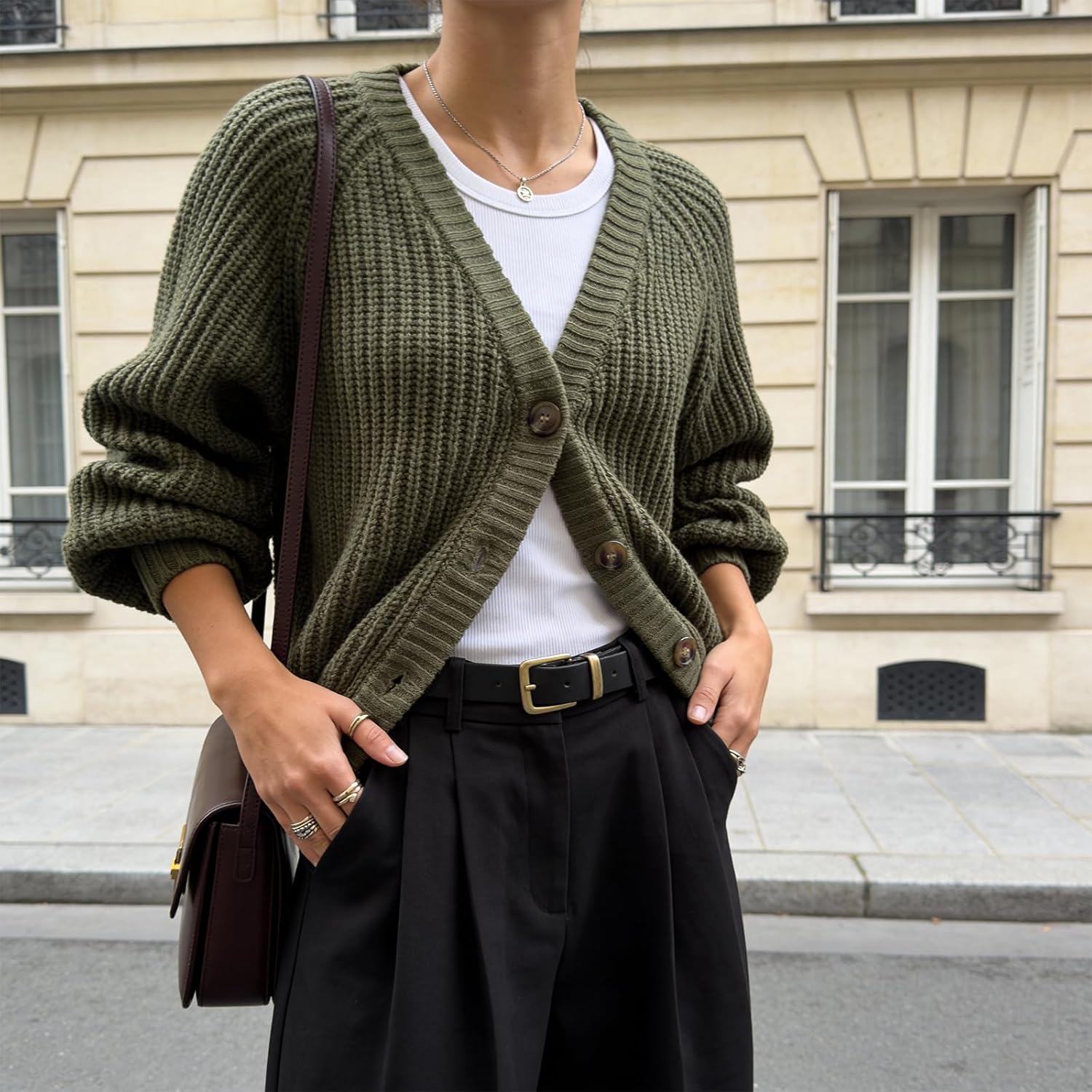 Women's Chunky Cardigan V-Neck Open Front Sweater Long Sleeve Knit Sweater Loose Casual Button Outerwear - Image 6