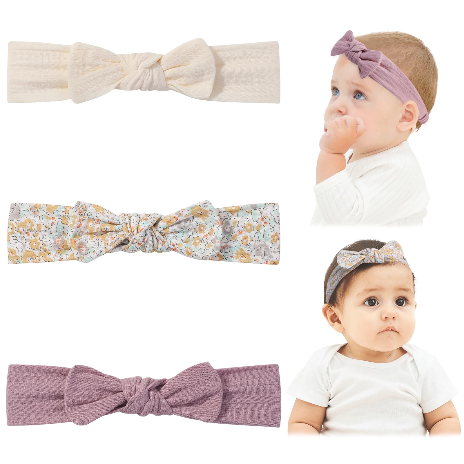 YHXX YLEN Hairband - 3PCS Baby Headbands with Bows, Soft Stretchy Hair Bands for Baby Girls Infant Toddlers- Beige, Purple, Yellow Flowers