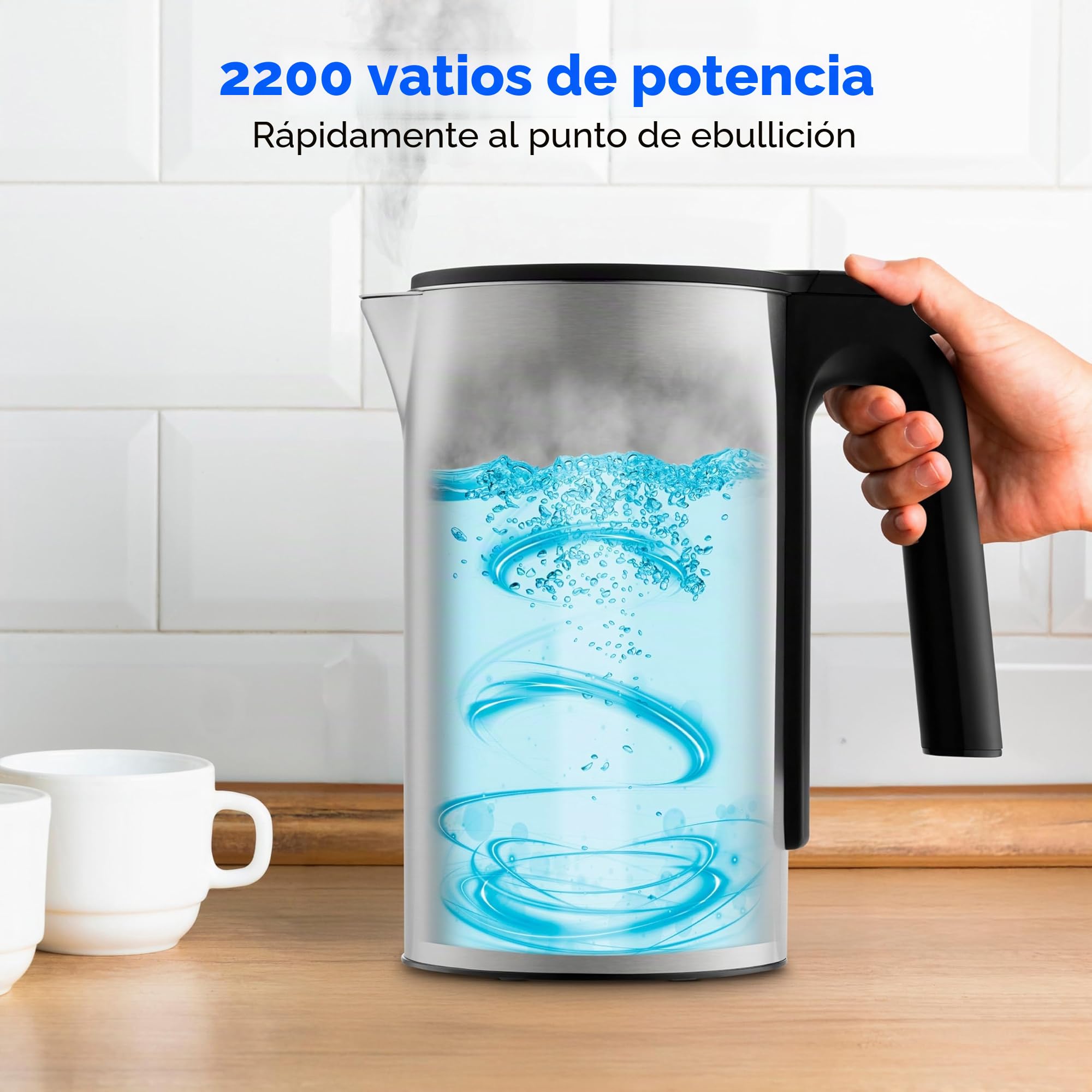 MEDION Hervidor digital LIFE MD12106, potencia de 2200 vatios, capacidad de 1,5 litros, pantalla LED, barra luminosa LED, programas automáticos, seguridad para niños, color plateado.