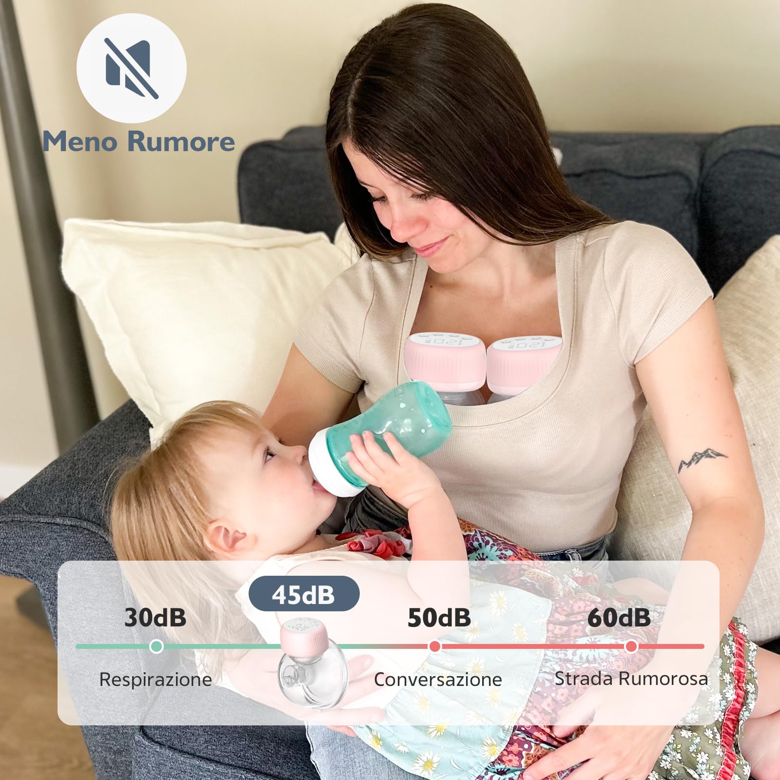 MOMMED Tiralatte Elettrico Doppio, MY-385 Aspira Latte Materno Portatile, 4 Modalità & 12 Livelli, Sistema Chiuso Anti-Perdita, 24 mm Tiralatte e 19 & 21 mm Inserti per Flange, 2 Unità