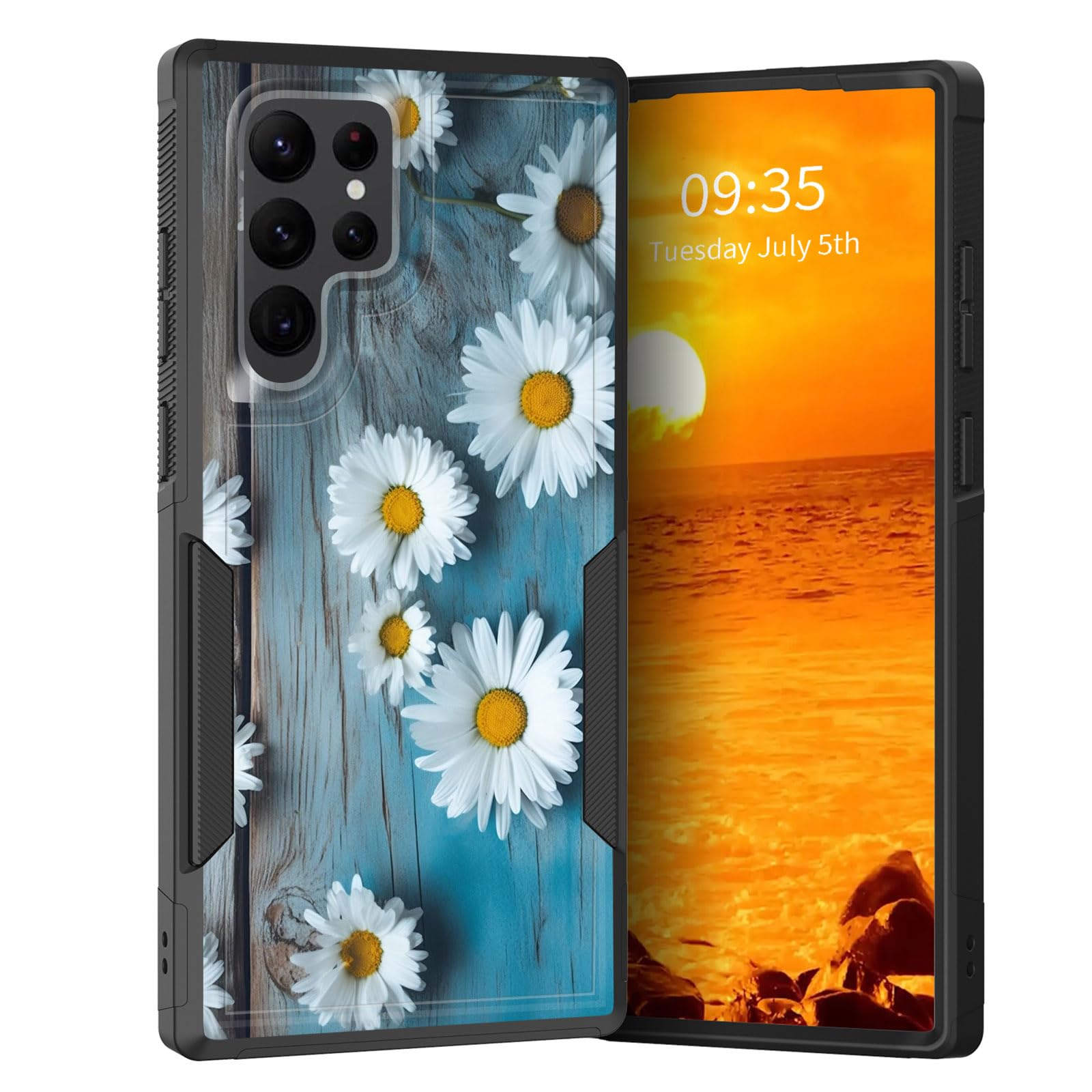 KJFHDJFDH for Galaxy S23 Ultra Case,Dual Layer Hybrid Heavy Duty Rugged Shockproof Hard PC +Soft Silicone Protective Case for Samsung Galaxy S23 Ultra 6.8'',Daisy Flowers on Old Wooden