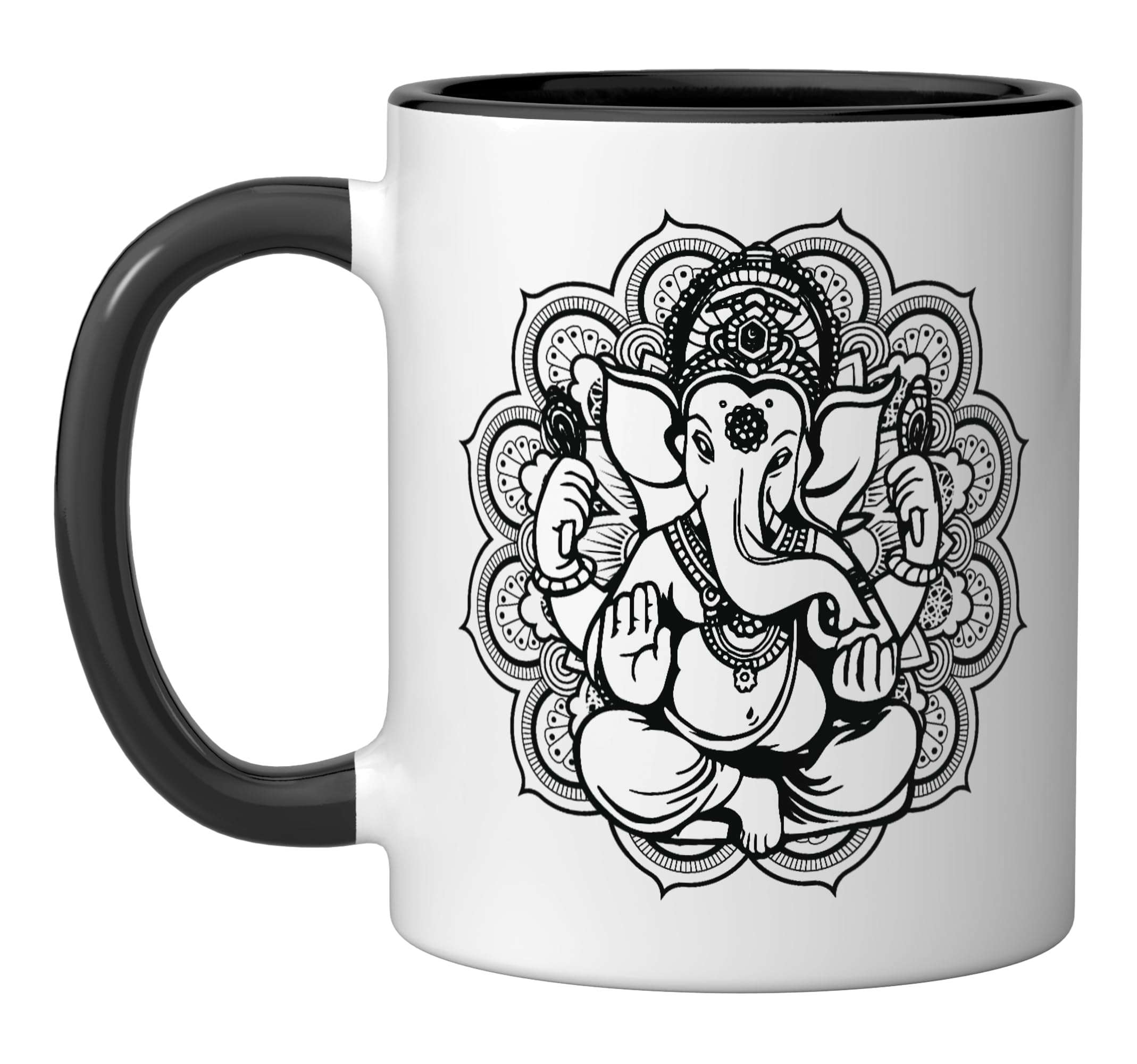 Ganesha Mandala Hindu God Hinduism Yoga Gift Ceramic Mug, Black/White