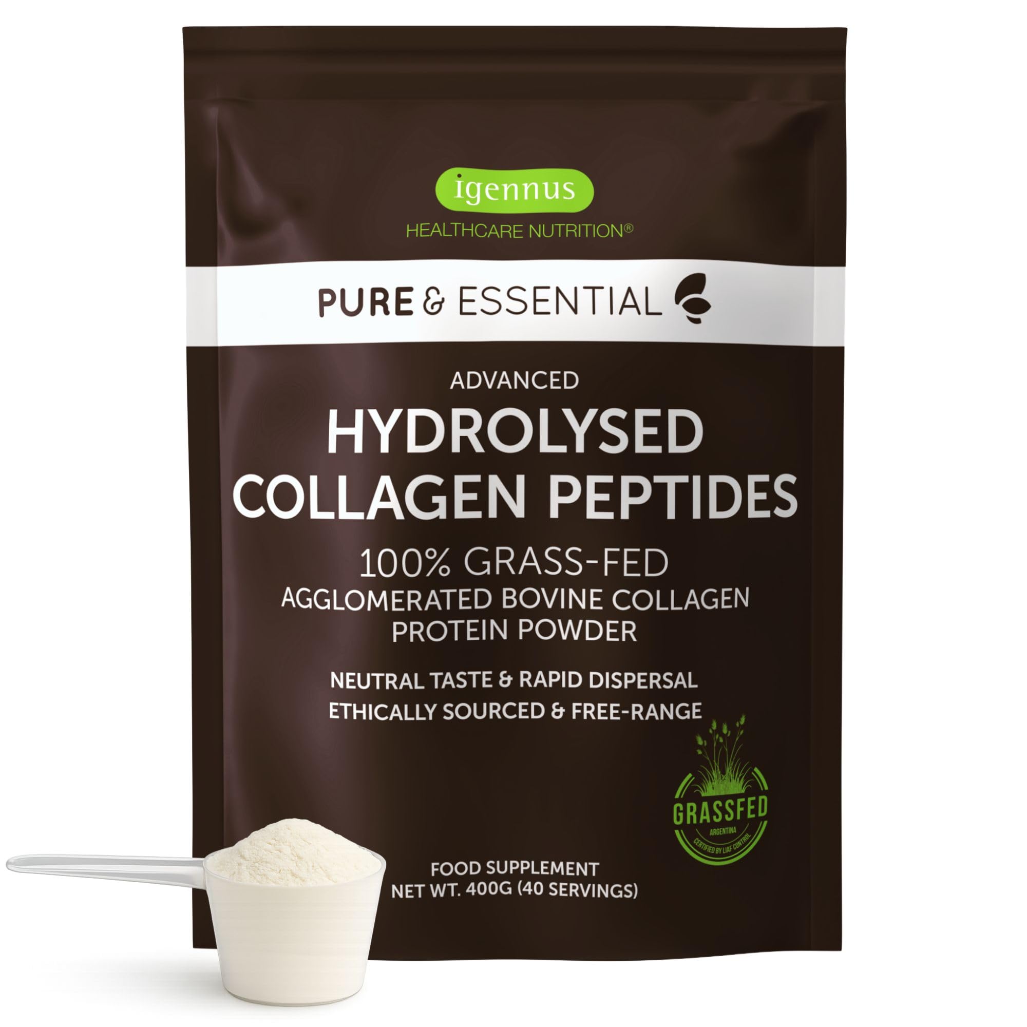 Peptides de Collagène Hydrolysés Avancés, Certifié Nourri 100% à l’Herbe, Poudre de Protéine de Collagène Bovin Aggloméré, Mélange Facile et Goût Neutre, 400 g – par Igennus