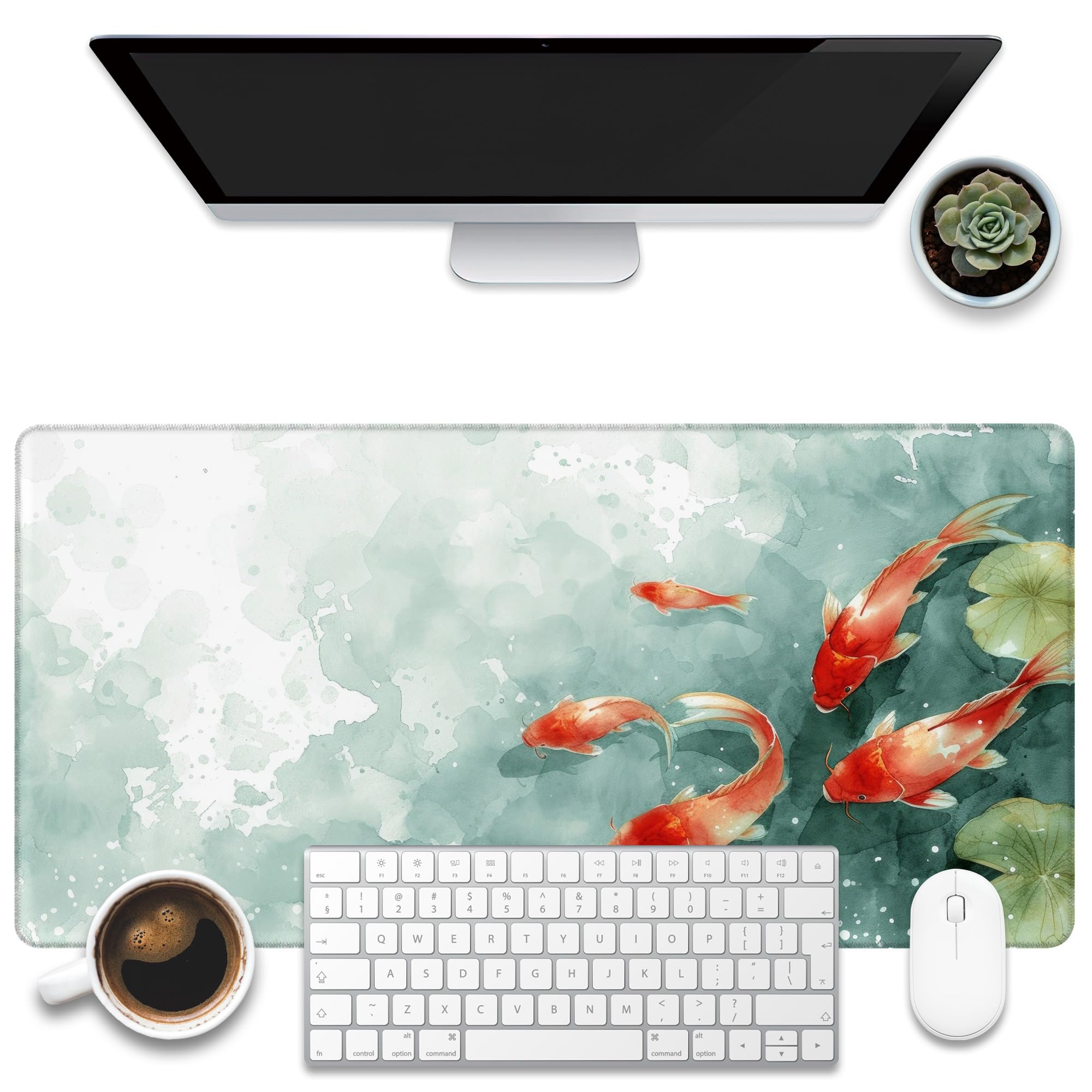 EFISH Japanese Cherry Blossom White Mouse Pad (31.5 × 11.8 × 0.12 Inch) Extended Large Mouse Mat Desk Pad, Stitched Edges Mousepad,Non-Slip Rubber