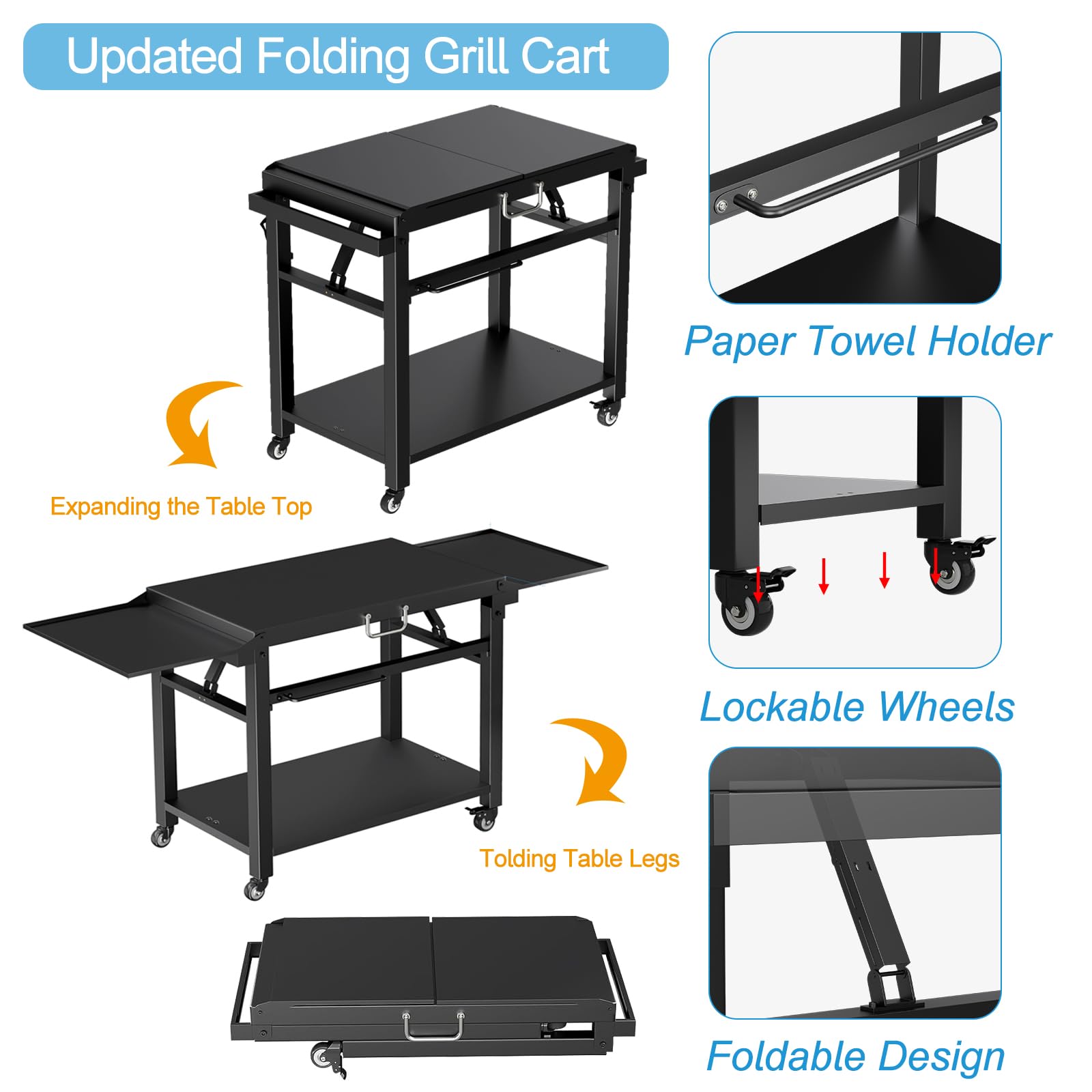 Upgrade Folding Grill Cart, Outdoor Grill Table, Large Space Dining Cart Table Grill Stand for Blackstone Griddle, Ooni Pizza Oven, Ninja Grill etc, Outdoor BBQ Prep Table