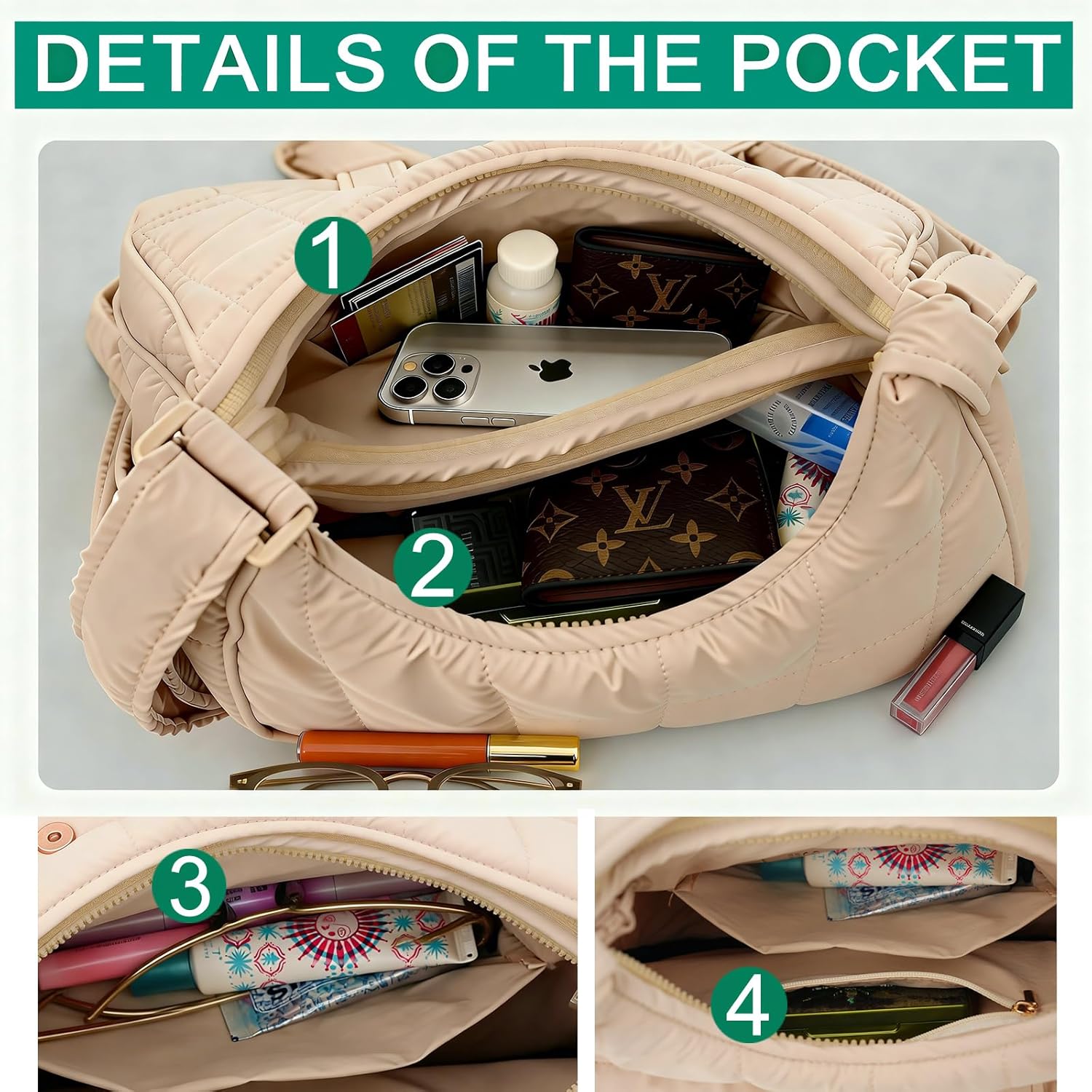NAARIIAN Small Puffer Shoulder Bag for Women, Quilted Crescent Cross Body Purses, Lightweight Handbags Pockets Flap
