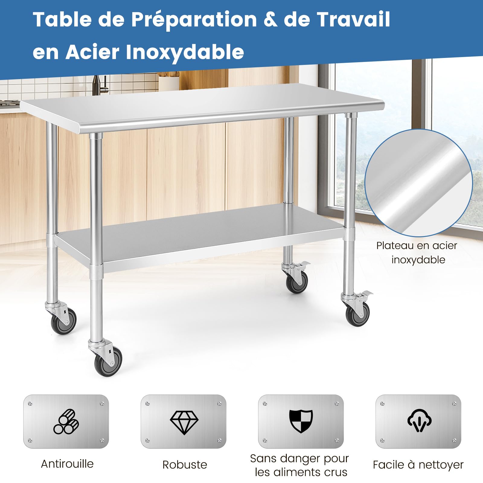 COSTWAY Table de Travail Cuisine 61 x 122 cm, en Acier Inoxydable à 2 Niveaux 2 Roues Verrouillables, Plateau Inférieure Réglable, Charge 250 kg, Extérieur/Intérieur pour Cuisine, Restaurant, Jardin