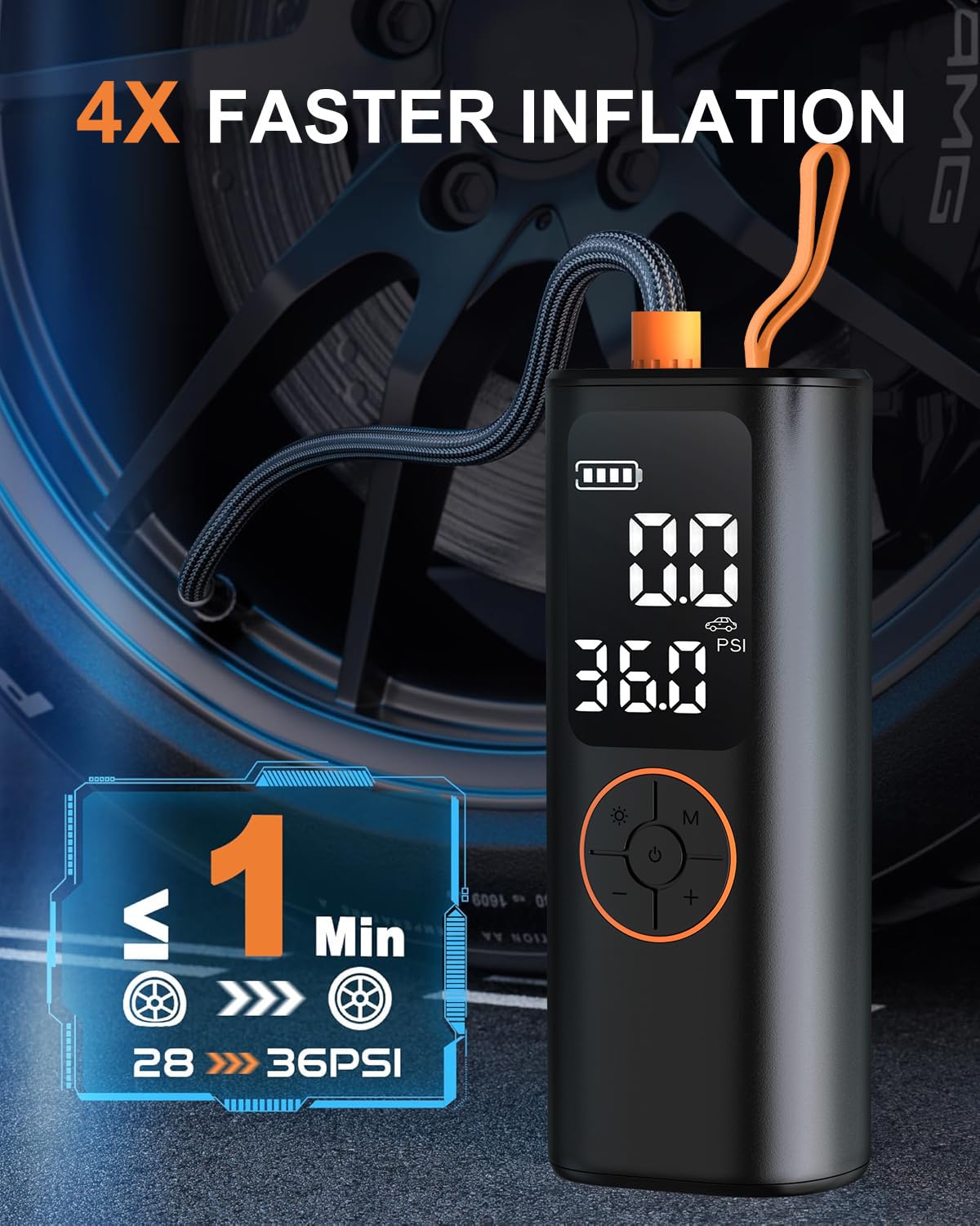 Compresor de aire portátil para inflador de neumáticos, mini bomba de aire inalámbrica de inflado 4 veces más rápido con manómetro digital con medidor de presión digital/luz LED, inflador portátil de
