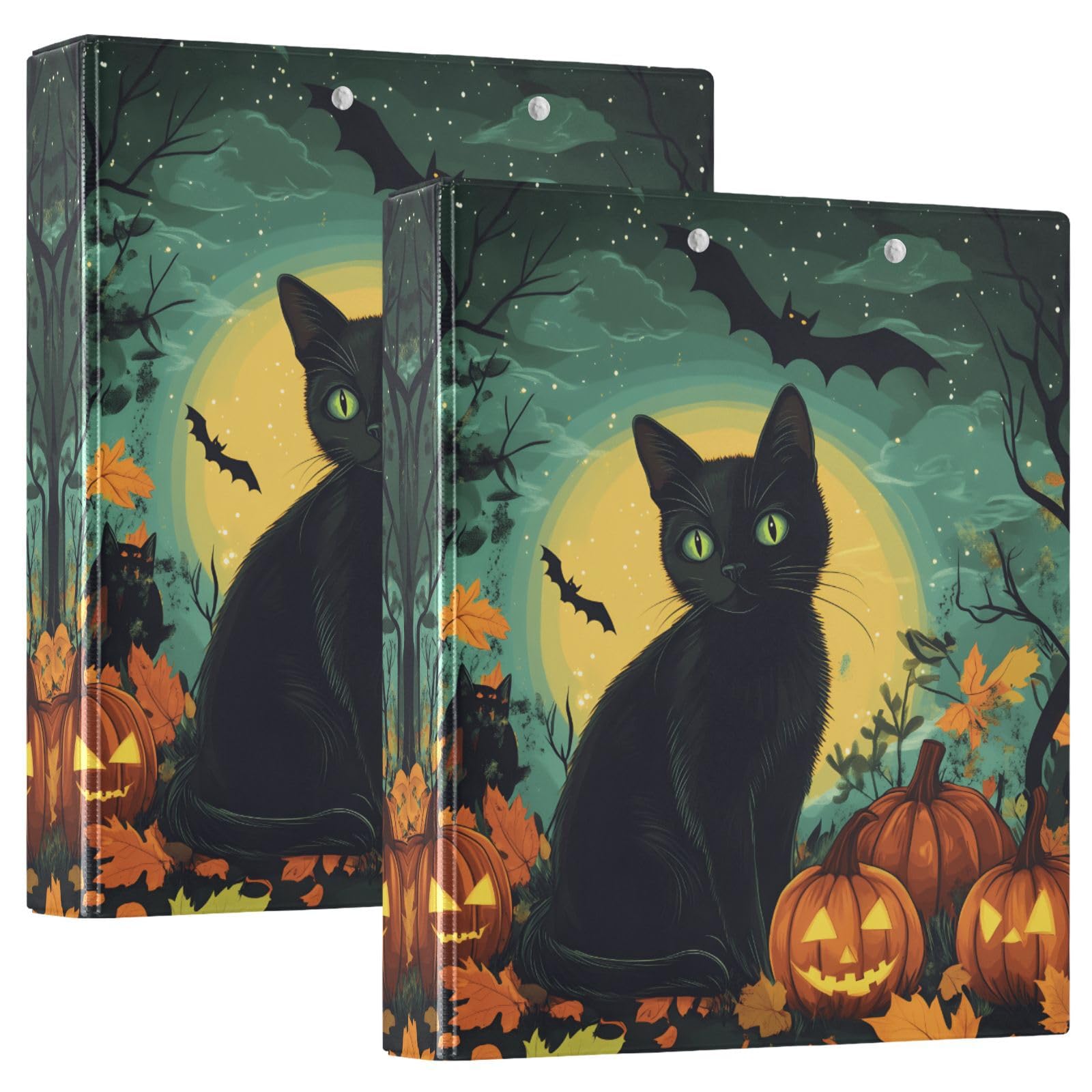 Confezione da 2 raccoglitori a 3 anelli, motivo Halloween, gatto, zucca, stelle, notte, 3,8 cm, con 3 tasche trasparenti, portablocco e contiene 200 fogli, per ufficio, scuola