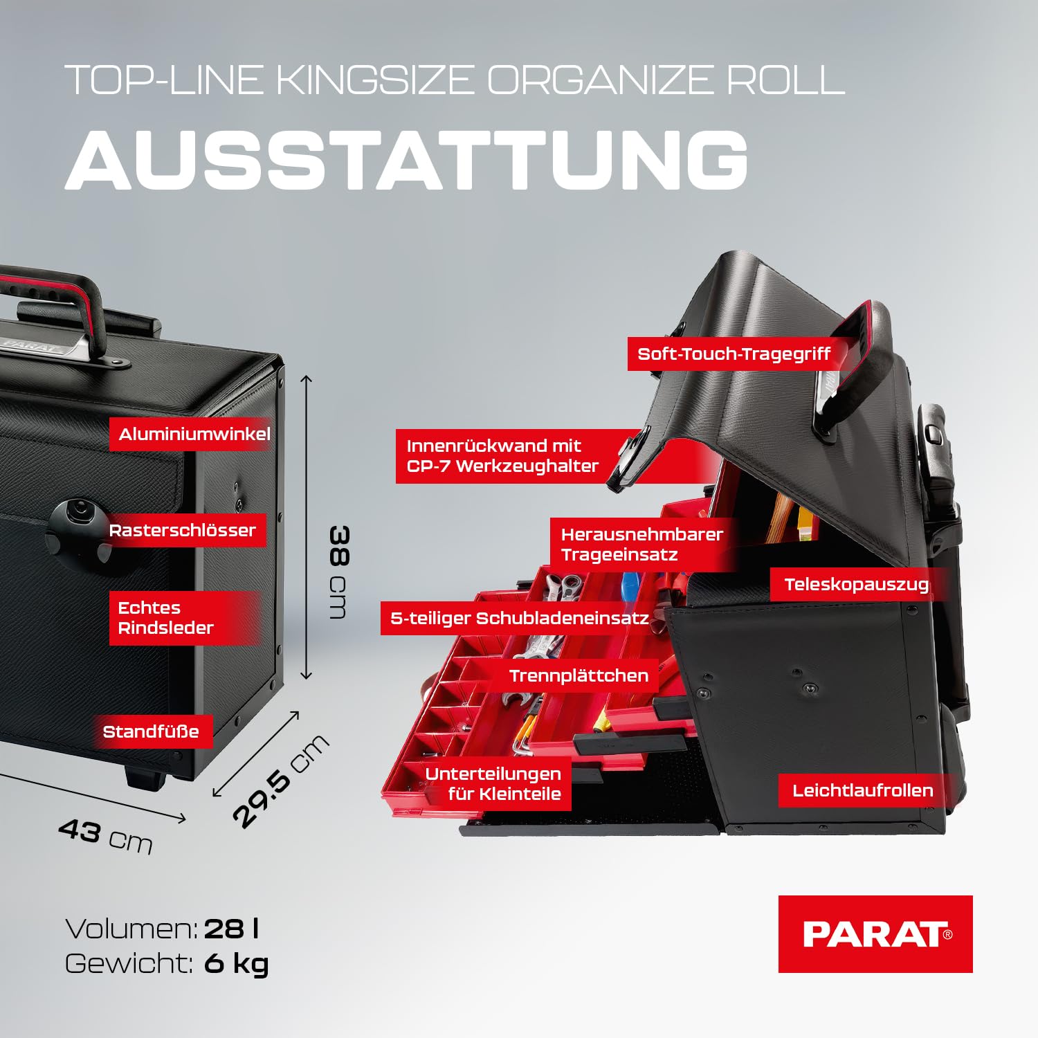 PARAT TOP-LINE KingSize Organize Roll CP-7 | torba narzędziowa pusta 28 l z rolkami i uchwytem wózka | duża skórzana torba z szufladami, uchwytem CP-7 i wkładką do noszenia | wytrzymała torba na
