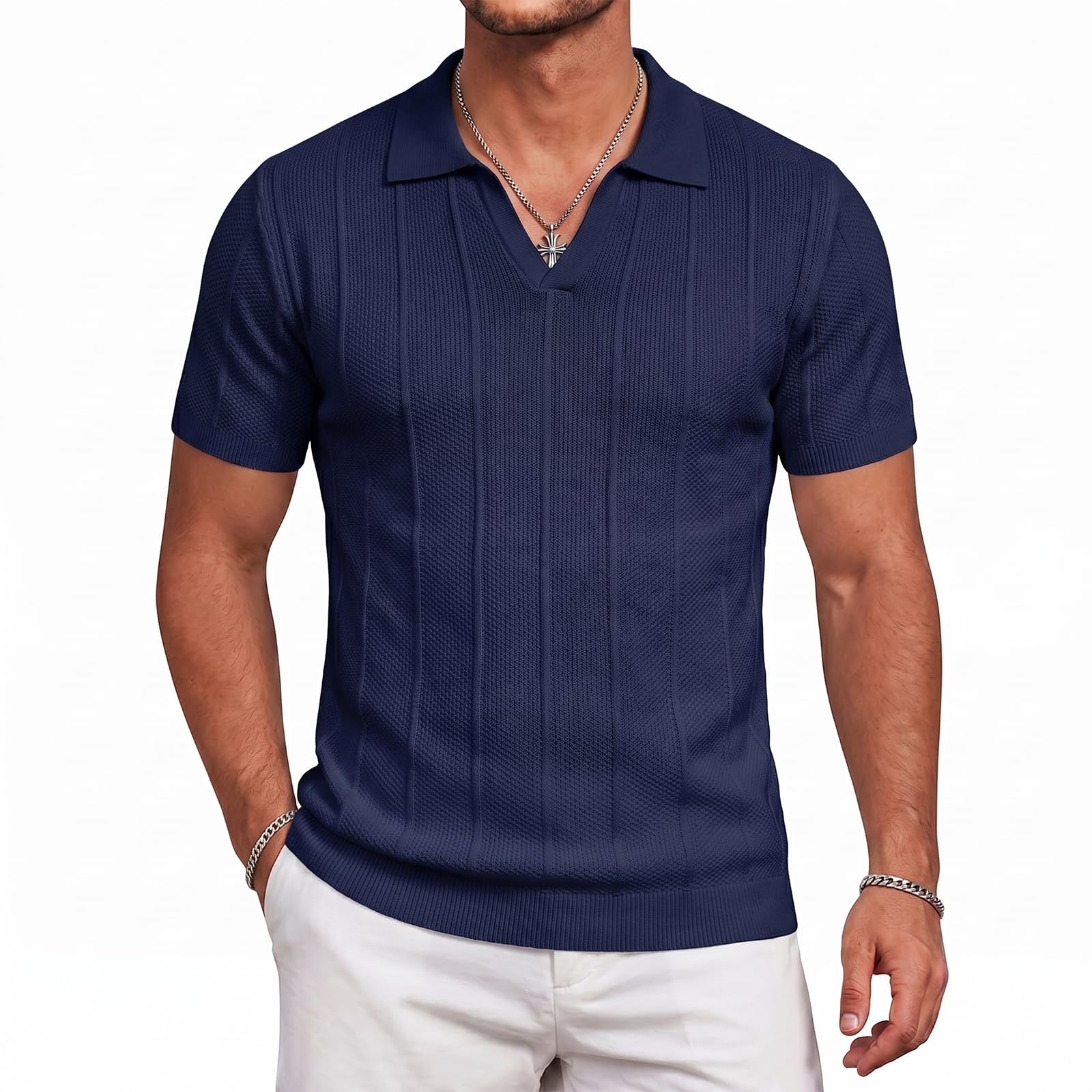 Men's Knit Polo Shirts V Neck Short Sleeve Casual Breathable Soft Golf Shirt