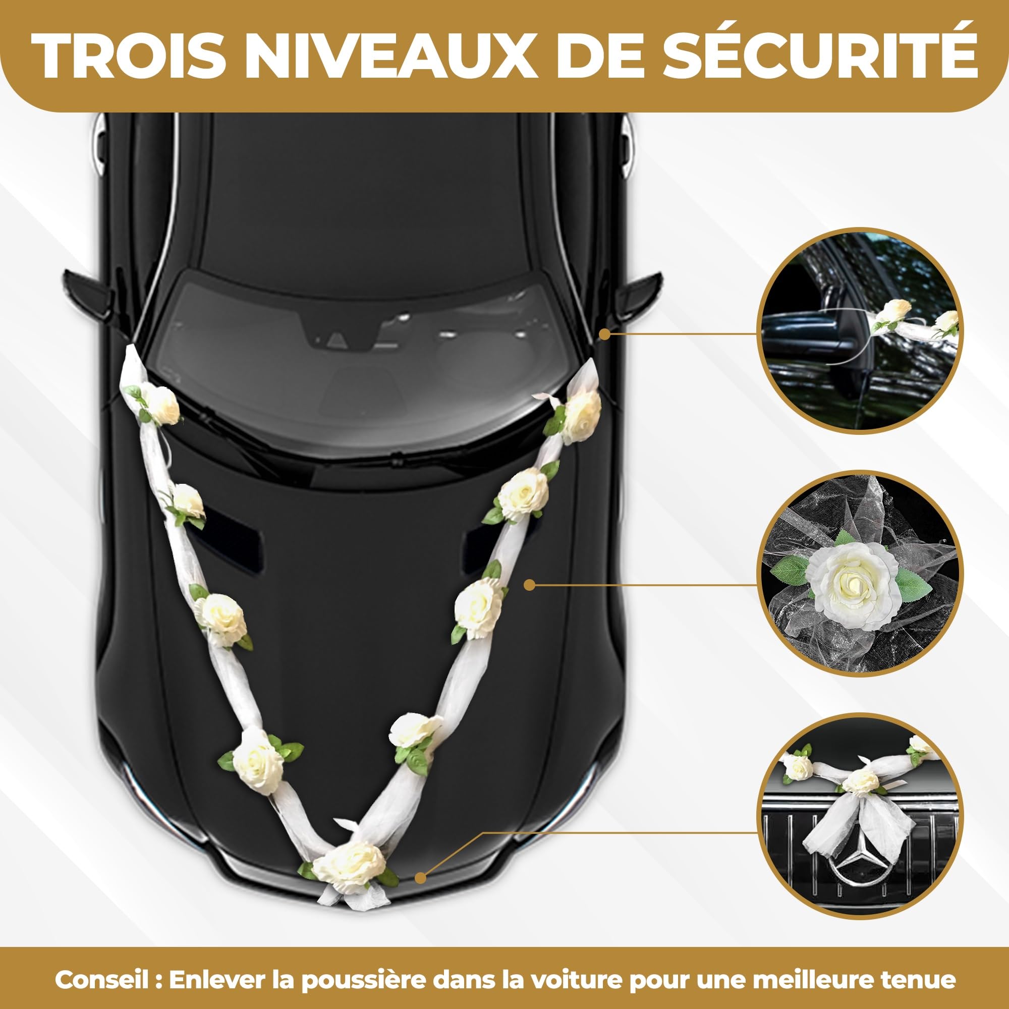 Nueva Vida décoration Voiture de Mariage - Fleurs en Soie pour Votre Voiture Nuptiale - 2 guirlandes décoratives de 180 cm pour Le Capot, INCL. 4 nœuds de Porte