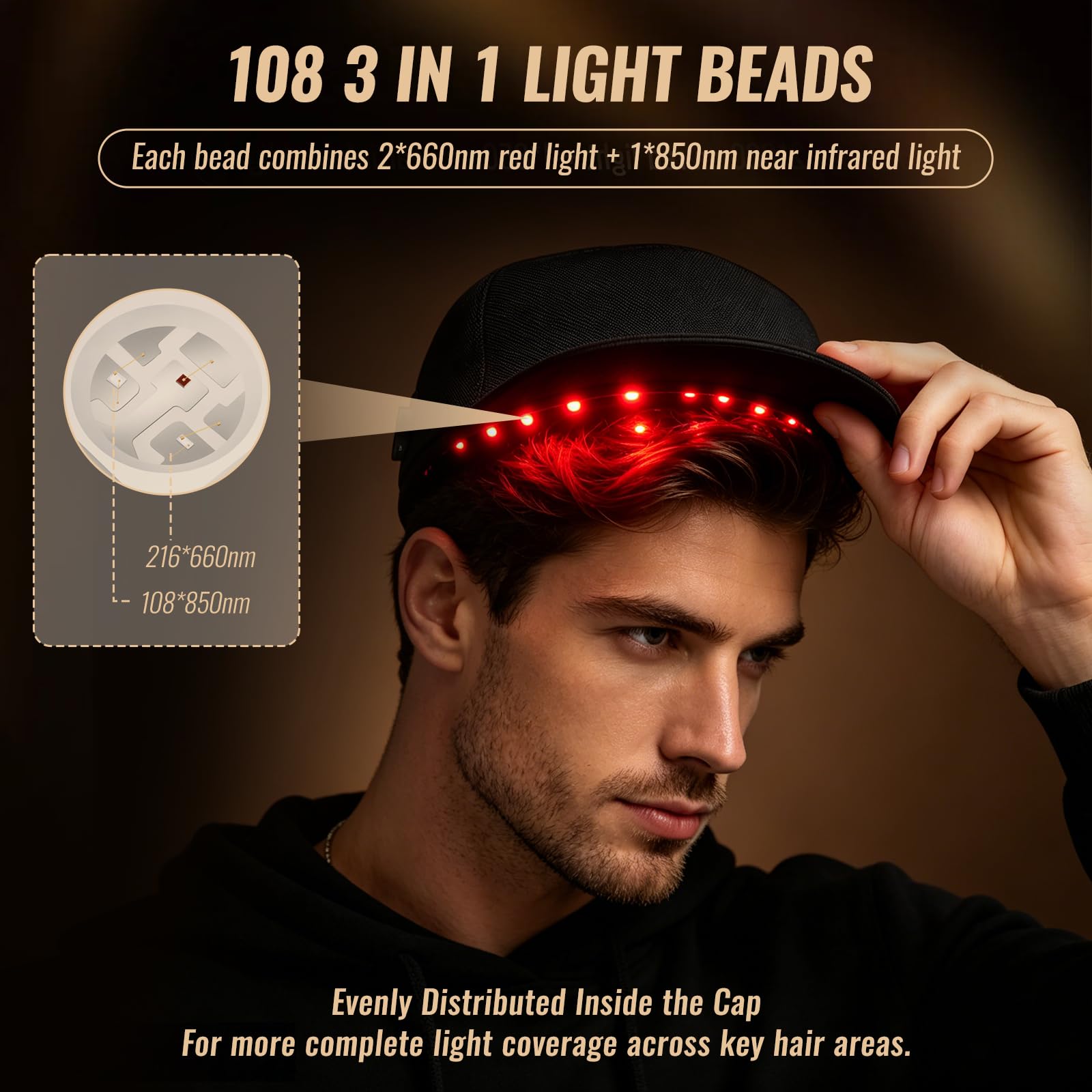 Gorra de Luz Roja para Crecimiento de Cabello, 660nm y 850nm, Inalámbrica, 108 Perlas LED, 3 en 1, 4 Modos y 3 Brillos, para Mujeres y Hombres