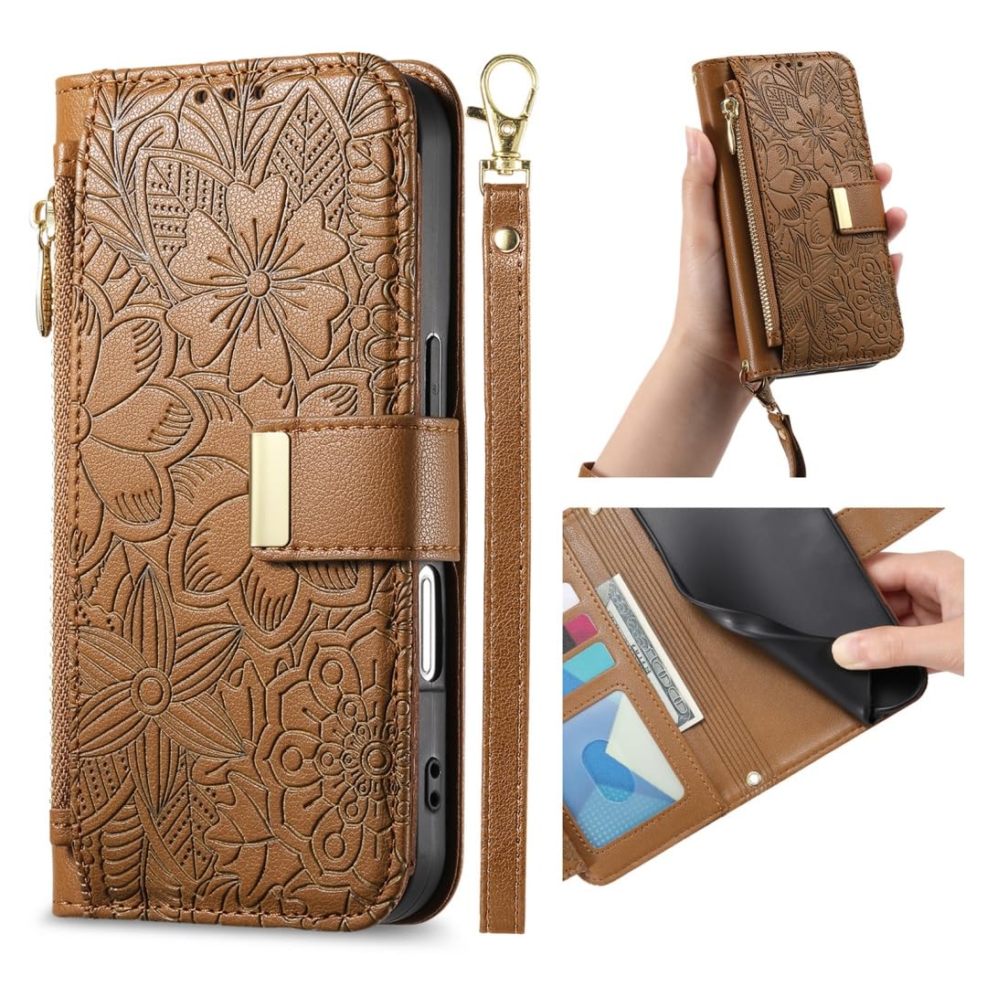 HOJODDO Shockproof Case for Blackview Wave 10/Wave 10C, Flower Cover is Premium Leather, Anti-fingerprints Anti-Slip Scratch, External Zipper Pocket. Brown