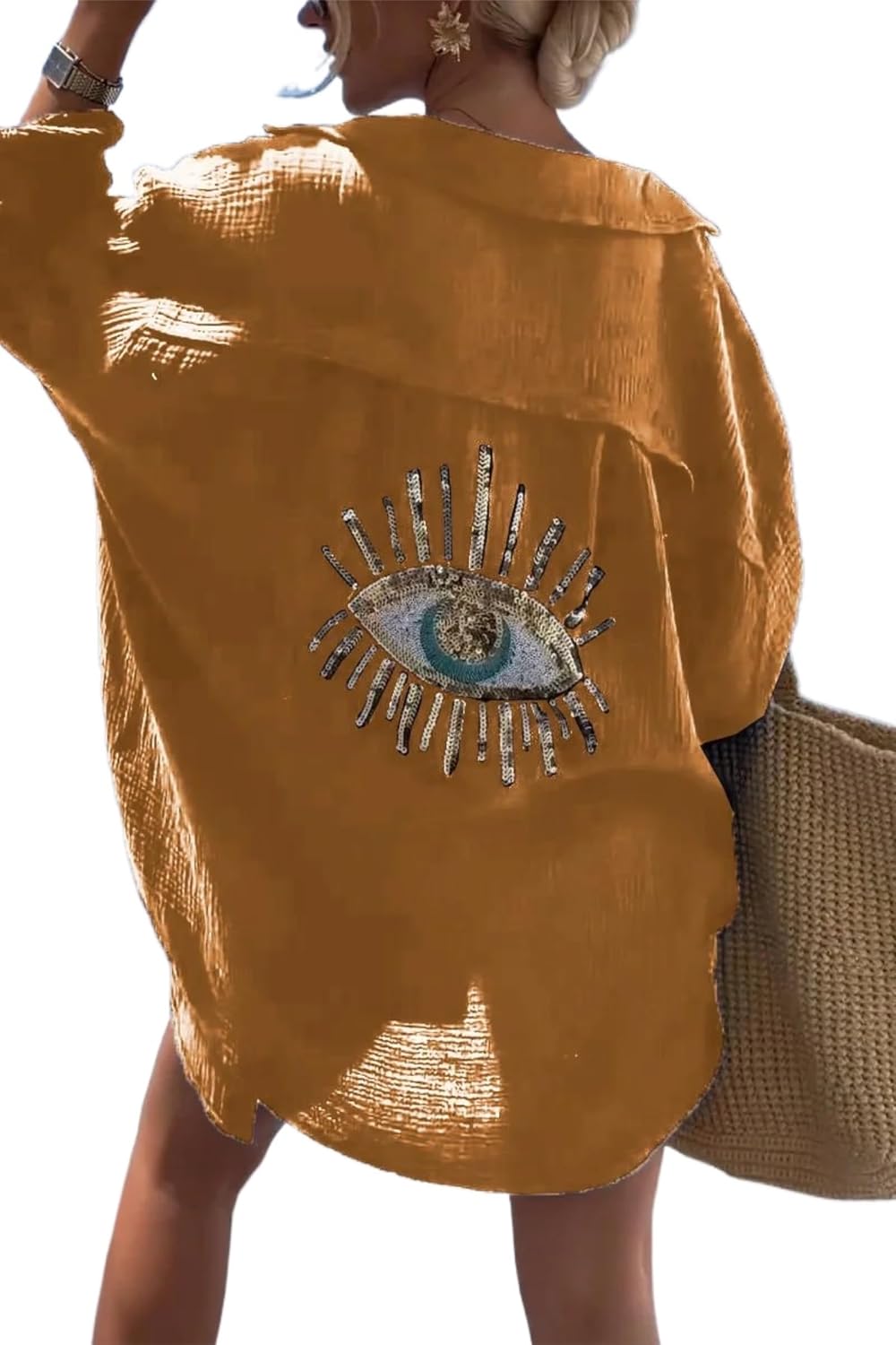 XPONNI Long Sleeve Linen Button Down Shirt Women Oversized Sequin Evil Eye Shirts Dress Beach Cover Ups Summer 2024