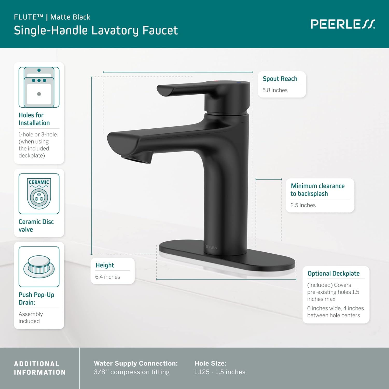 Peerless P1513LF-BL Flute Bathroom Faucet, Matte Black
