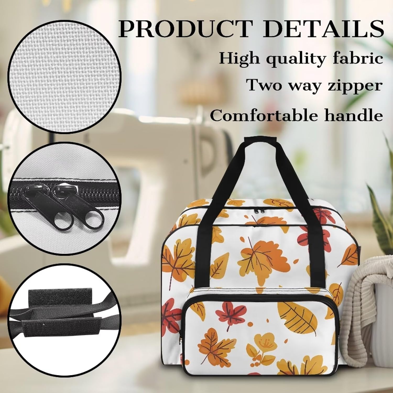 Cute Leaves Sewing Machine Case with Pocket for Fall Sewing Bags and Totes Organizer Sewing Machine Carrying Case Holder Sewing Machine Storage High Capacity Sewing Bag