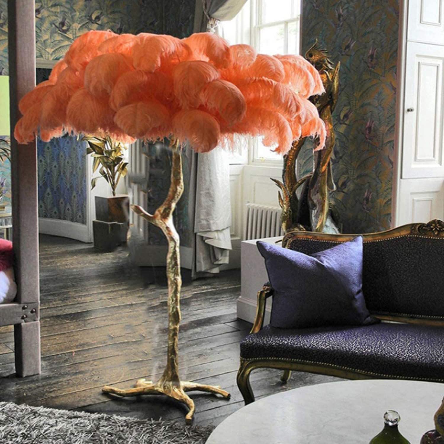 Resin LED Floor Lamp with Dimmable Natural Ostrich Feather Tripod - Perfect Reading Light for Living Room, Home & Office Decoration