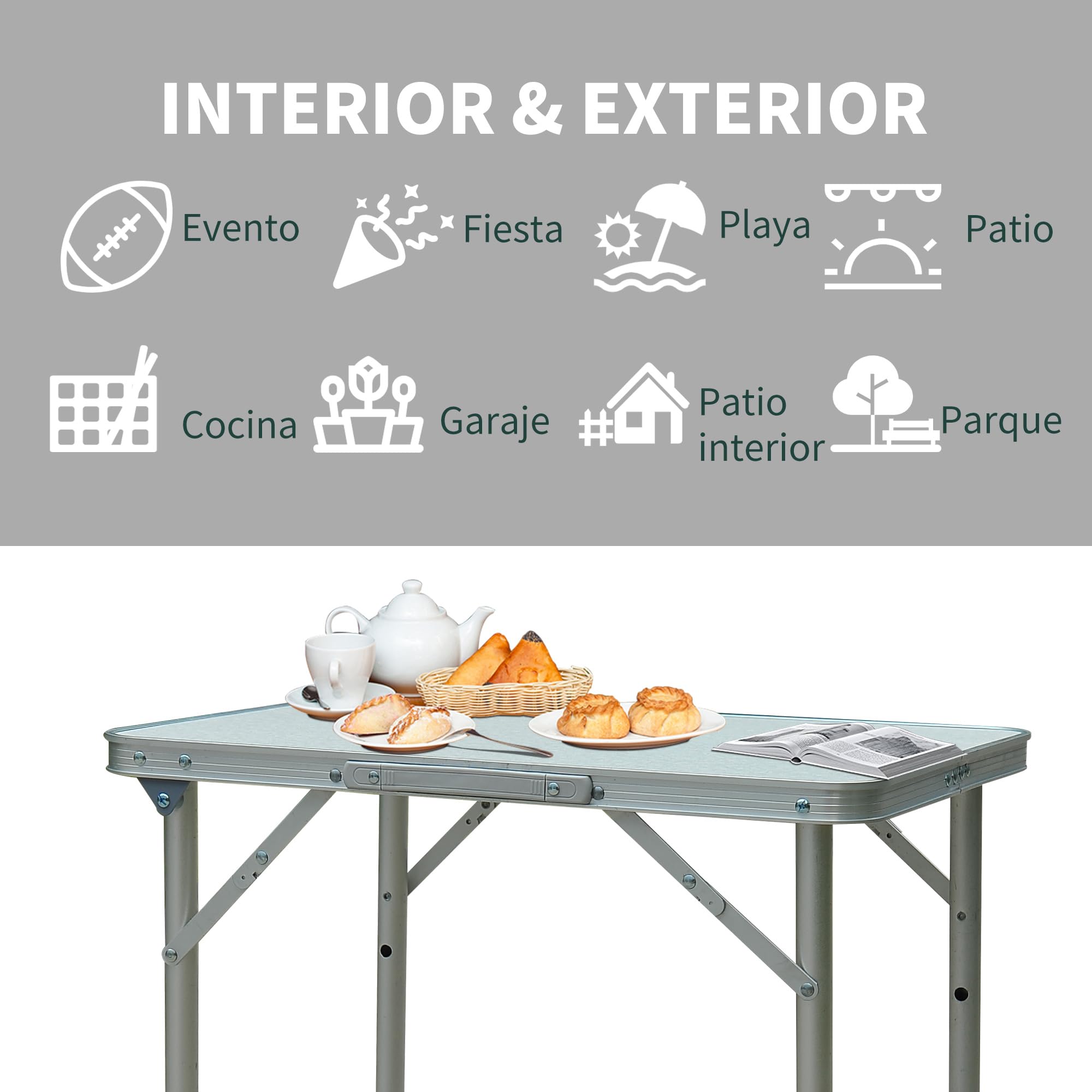 Outsunny Mesa de Camping Plegable Mesa Plegable Portátil Multifuncional con Altura Ajustable en 2 Niveles Marco de Aluminio para Jardín Balcón Patio Exterior 60x45x64 cm Blanco