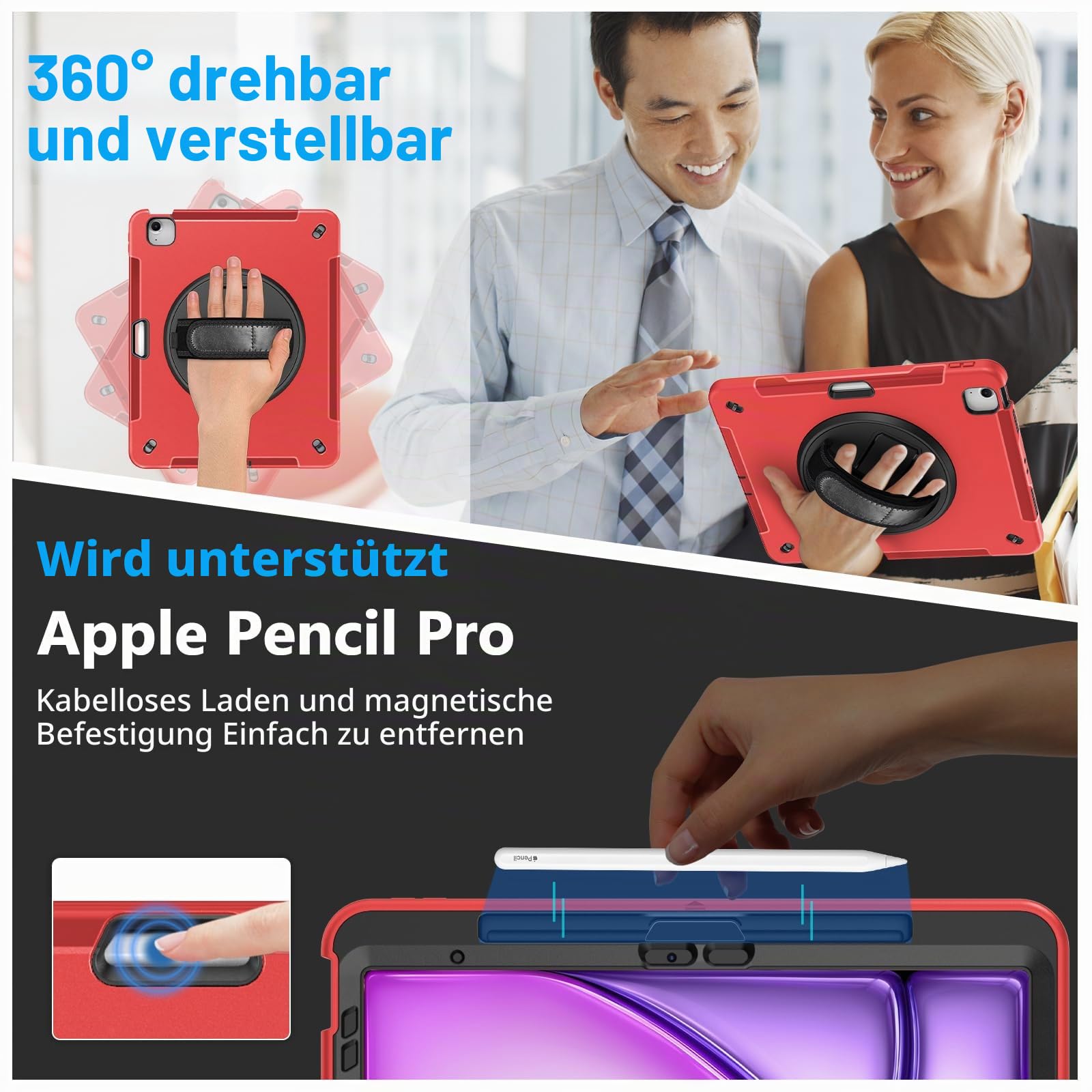 Miesherk Hülle für iPad Air 13 Zoll M4/M3/M2 2026/2025/2024: 3-Schichte robuste stoßfest Case iPad Pro 12.9 6./5. mit Displayschutzfolie-Stifthalter-Drehbarer Ständer-Handschlaufe-Schultergurt-Rot
