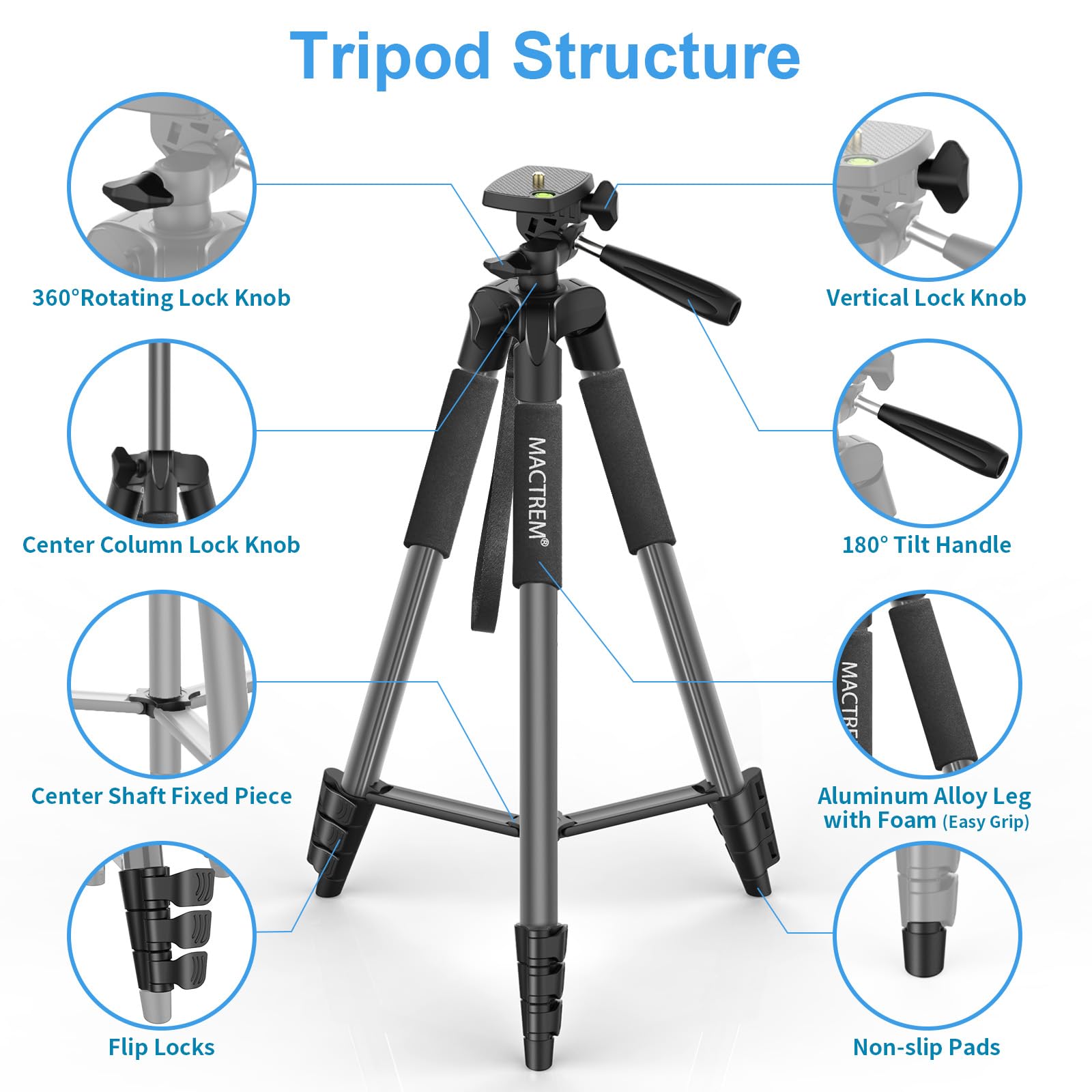 Trípode para iPad iPhone Cámara, MACTREM 165 cm Tripode Cámara de Movil con Remoto Bluetooth para Tableta Smartphone/Huawei/Samsung, GoPro, Nikon, Sony -Gris