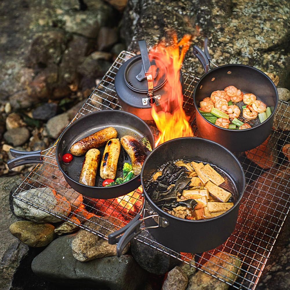 Camping Topf, Aluminiumlegierung Camping Kochtopf, Camping kochgeschirr 1L/1.7L/3L (optional), Outdoor Geschir Set mit Deckel und faltbarem Griff, für Camping Picknick Wandern