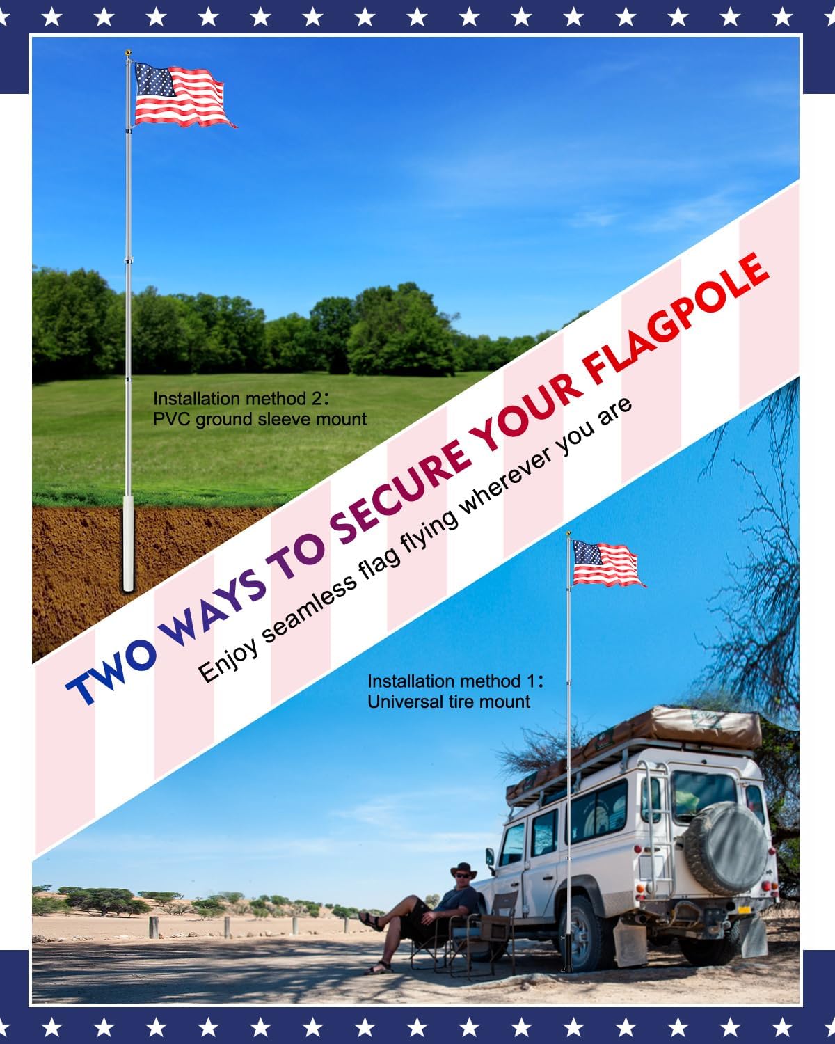 20FT Tailgate Flag Pole Package with Heavy Duty Tire Mount, Portable Tailgaters Flagpole Kit with Dual Mounting Options, Black - Image 2