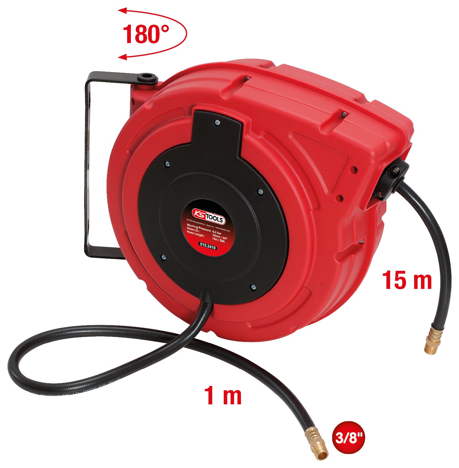 KS Tools 20m 10mm 3/8 Zoll Wandmontage KS Tools Schlauchaufroller Für Druckluft – 20 M, 10 Mm, Anschluss 3/8 Hose Reel
