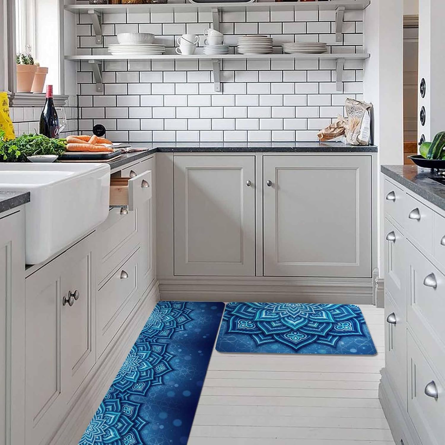 Blue Florals Kitchen Rugs and Mats Set of 2, Non-Slip Kitchen Sink Mat, Modern Abstract Middle Century Motifs Washable Doormat Bathroom Rugs Runner for Bedroom/Living Room 19.7"x31.5"+19.7"x63"