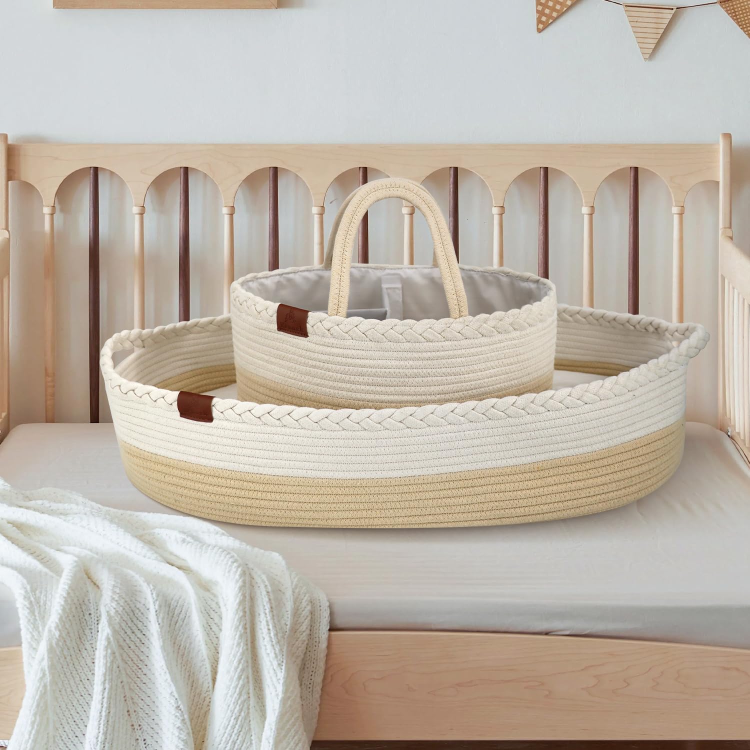Cesta Cambiador Bebé Portátil, Canasta Mueble Recién Nacido, Cambiador de Mesa Impermeable Pañales, Funda Extraíble Suave con Cremallera, Nido Plegable de Viaje 100% Algodón Natural (Beige)